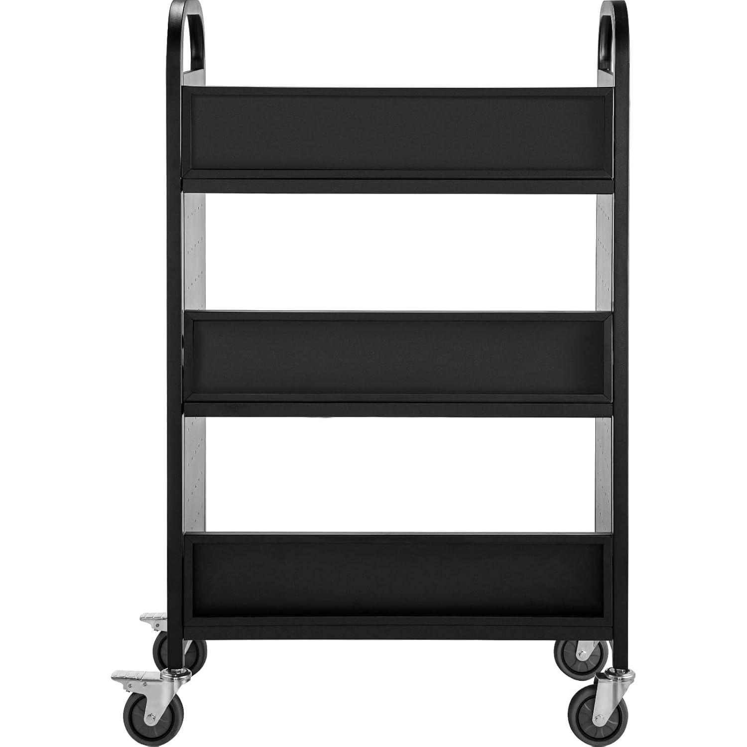 VEVOR Book Cart, 200lbs Library Cart, 30x14x49 Inch Rolling Book Cart Single Sided V-Shaped Sloped Shelves with 4 Inch Lockable Wheels, for Home Shelves Office and School Book Truck in Black