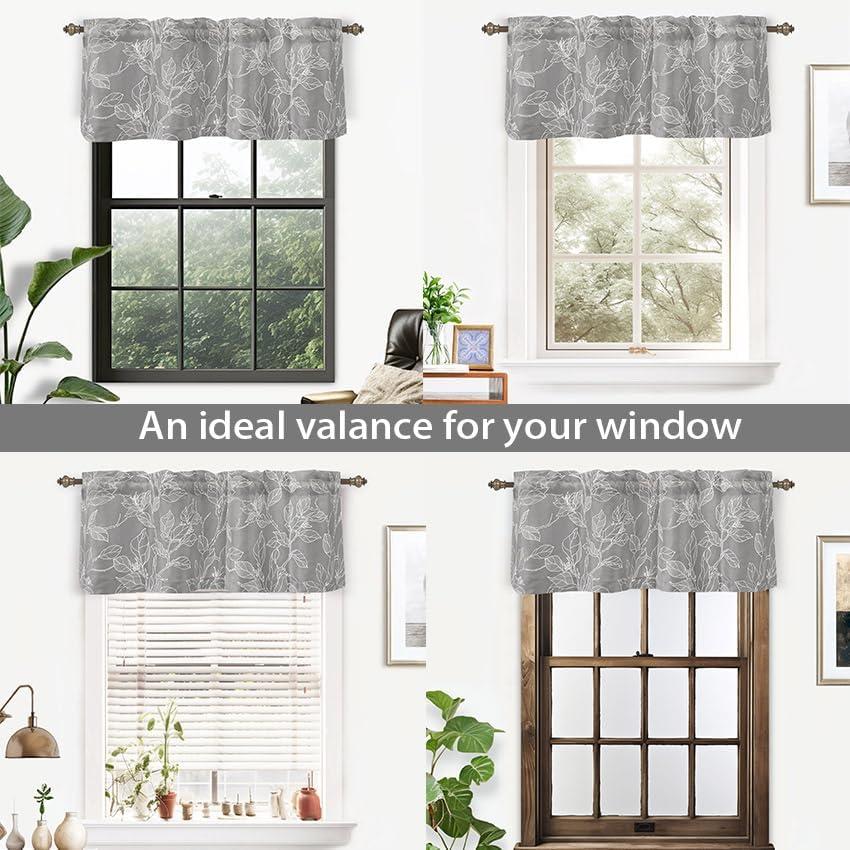 DriftAway Ryan Sketch Flower Floral Branch Leaves Lined Thermal Insulated Window Curtain Valance Rod Pocket, 52" x 18" Plus 2" Header, Gray