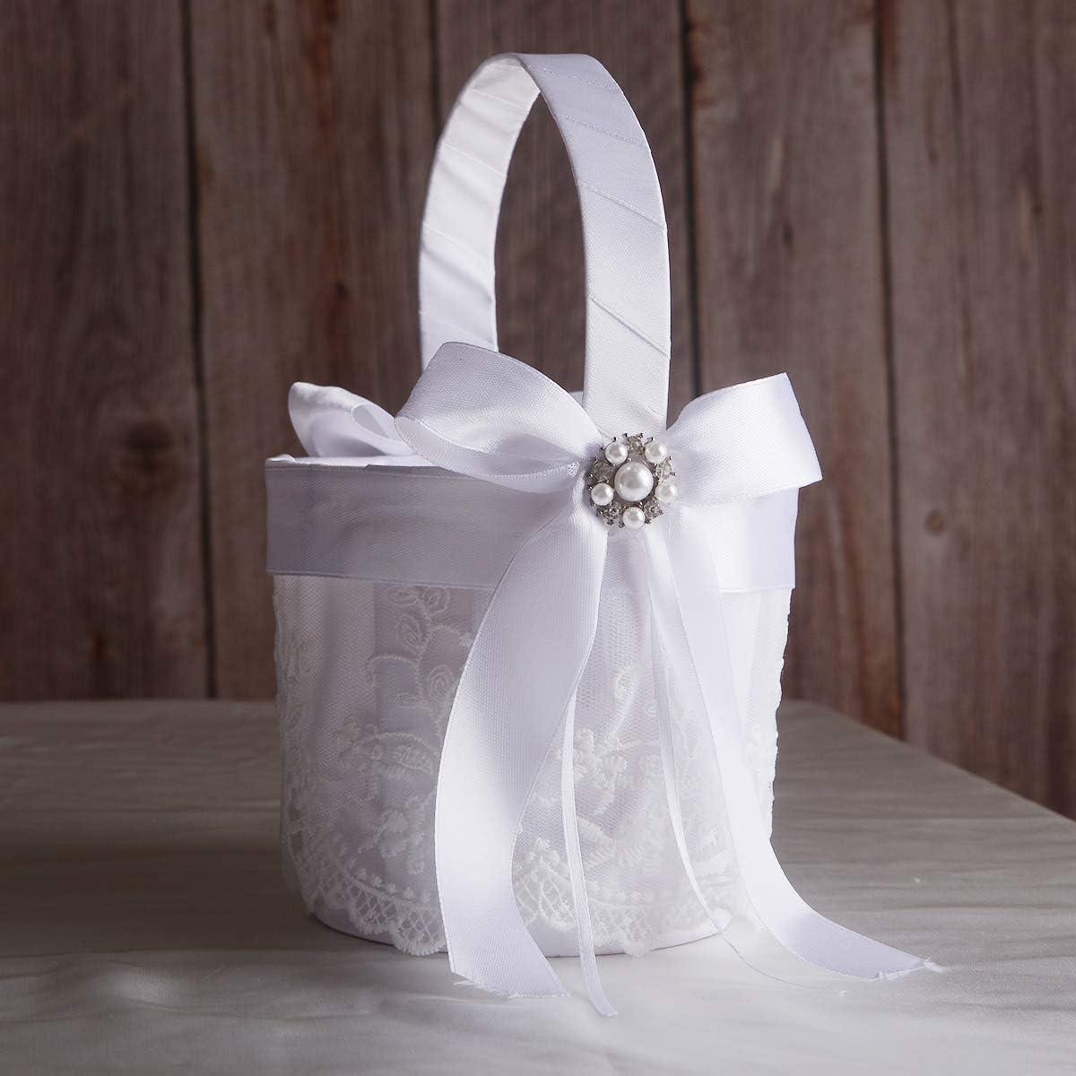 White Satin Lace Wedding Ring Pillow and Flower Girl Basket Set