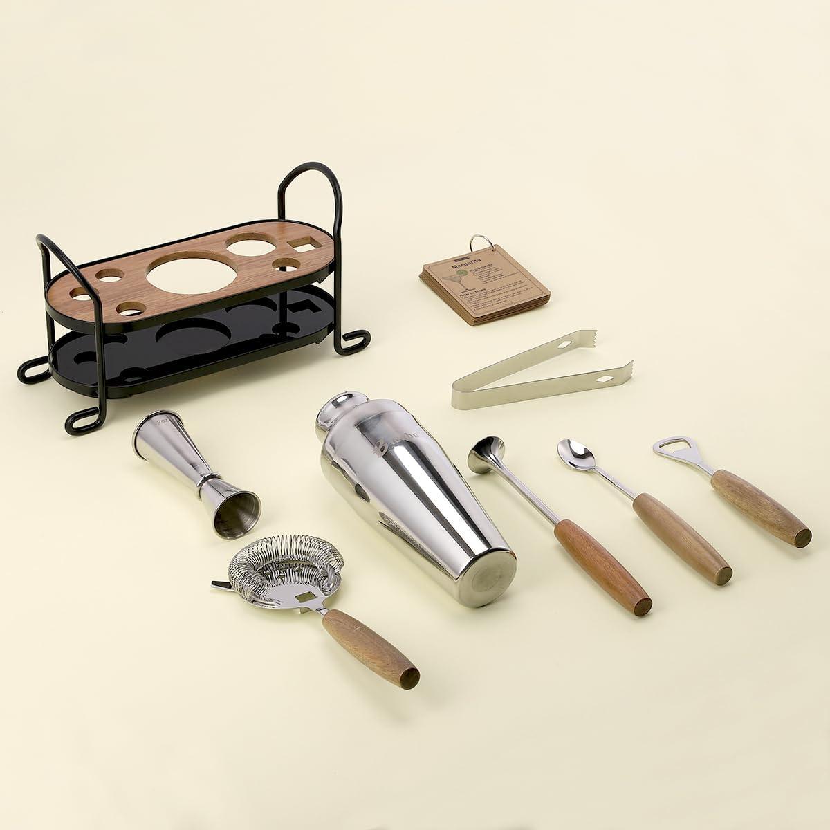 Stainless Steel Mixology Bartender Kit with Wooden Stand