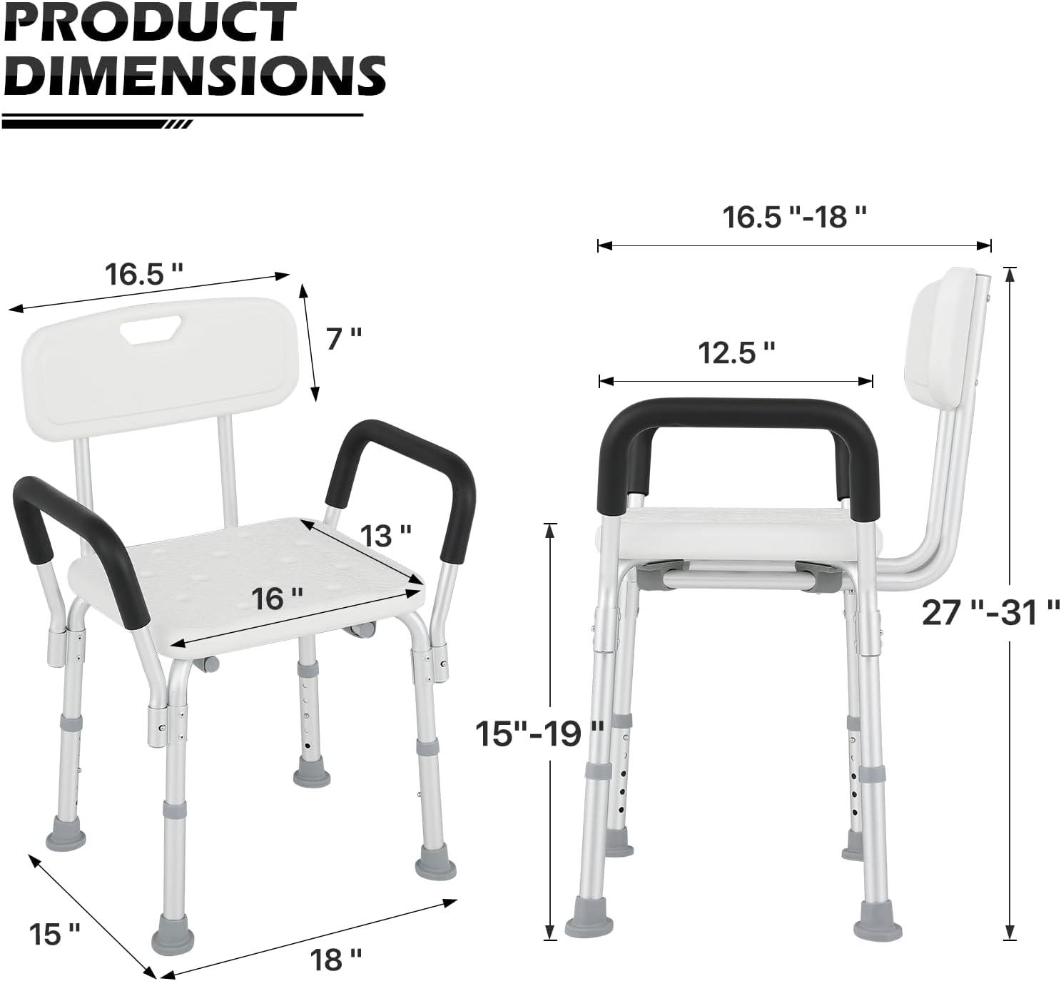 Adjustable White Aluminum Shower Chair with Padded Armrests