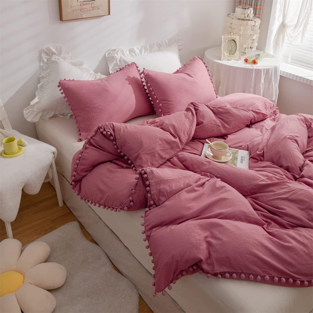 IHOUSTRIY Kid's Duvet Cover Twin Size,100% Washed Microfiber 2pcs Girl Bedding Duvet Cover Set, Pom Poms Fringe Solid Color Soft and Breathable with Zipper Closure & Corner Ties (Dusty Rose, Twin)