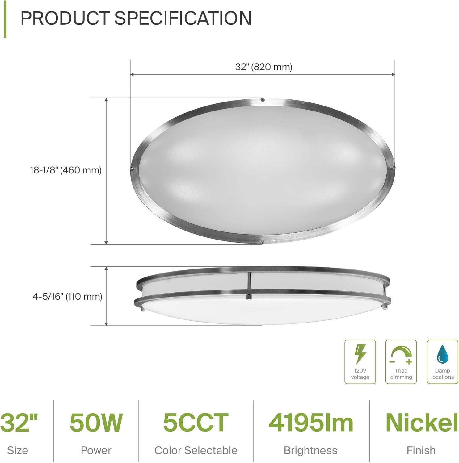 ASD LED 32 Inch Oval Flush Mount Light Fixture | 50W 3960LM 2700-5000K 120V | 5CCT, Dimmable, ETL Listed | Close To Ceiling Double Ring Lamp, Low Profile Lighting | Nickel, 2 Pack