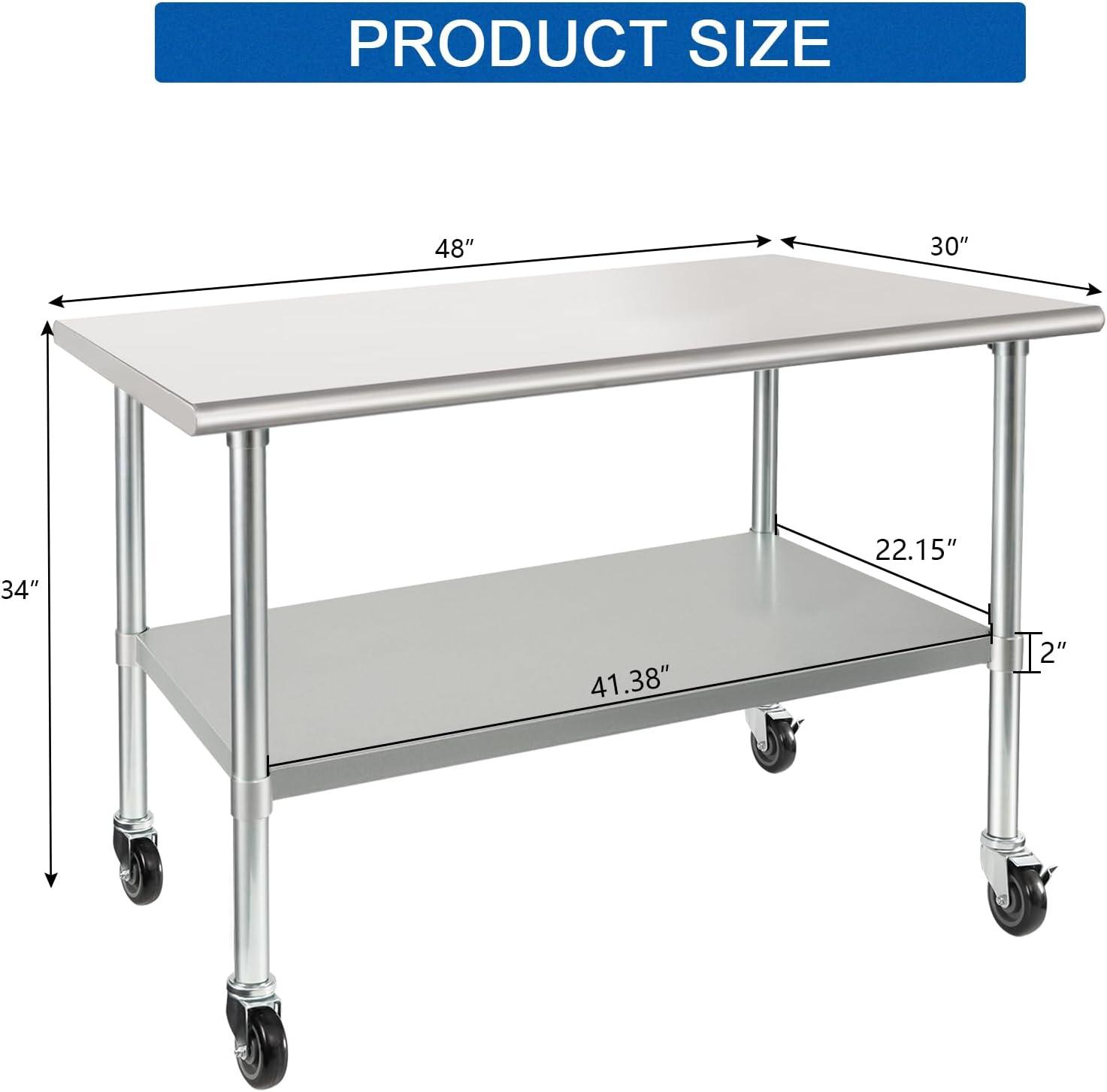 Stainless Steel Prep & Work Table with Caster Wheels, 48 x 30 Inches