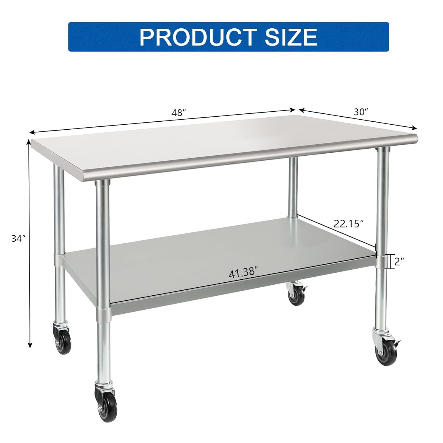 Stainless Steel Prep & Work Table with Caster Wheels, 48 x 30 Inches