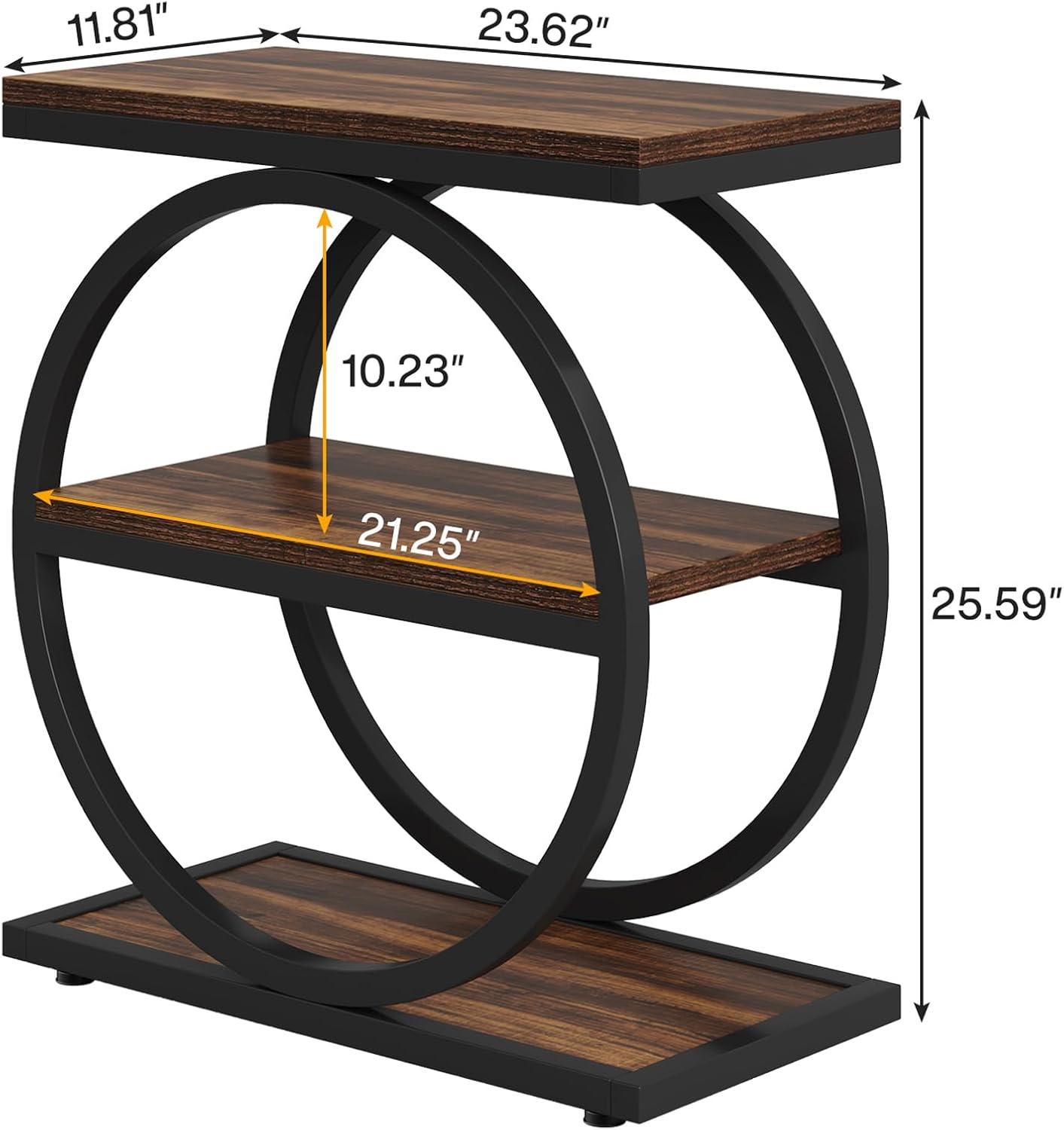 Industrial Dark Wood and Black Metal 3-Tier End Table