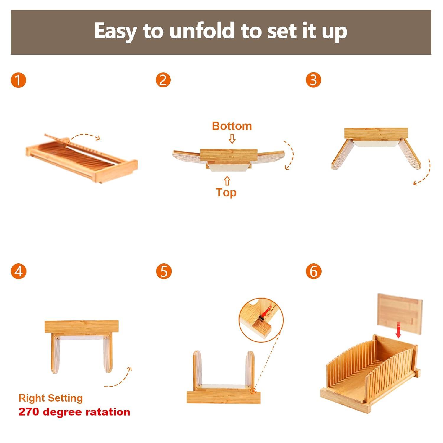 Premium Bamboo Bread Slicer for Homemade Bread, Crumb Catcher, Foldable and Compact Loaf Cutter 3 Size Slicing Guide