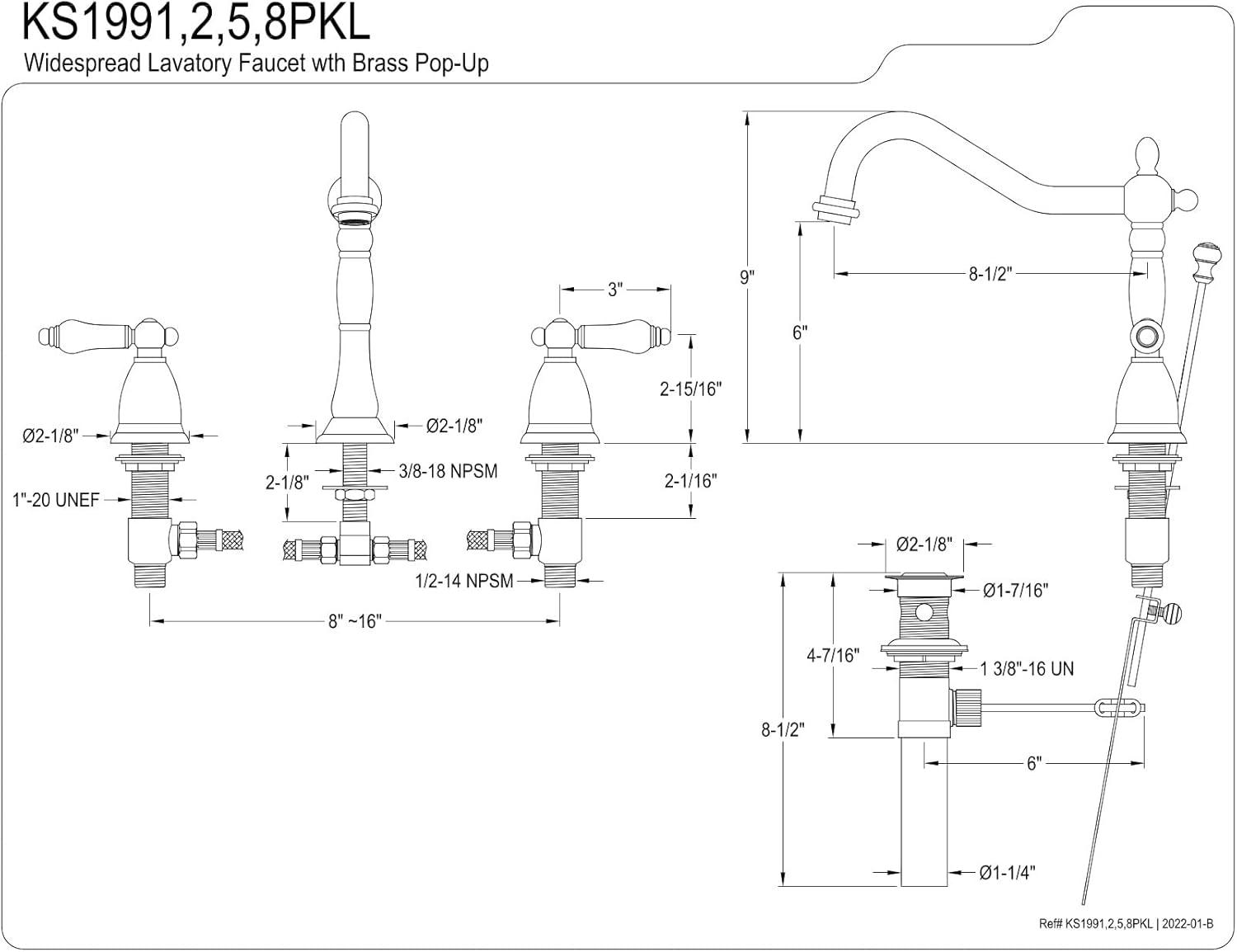 Kingston Brass KS1992PKL Kingston Brass Duchess Two-Handle 3-Hole Deck Mount Widespread Bathroom Faucet with Brass Pop-Up Drain