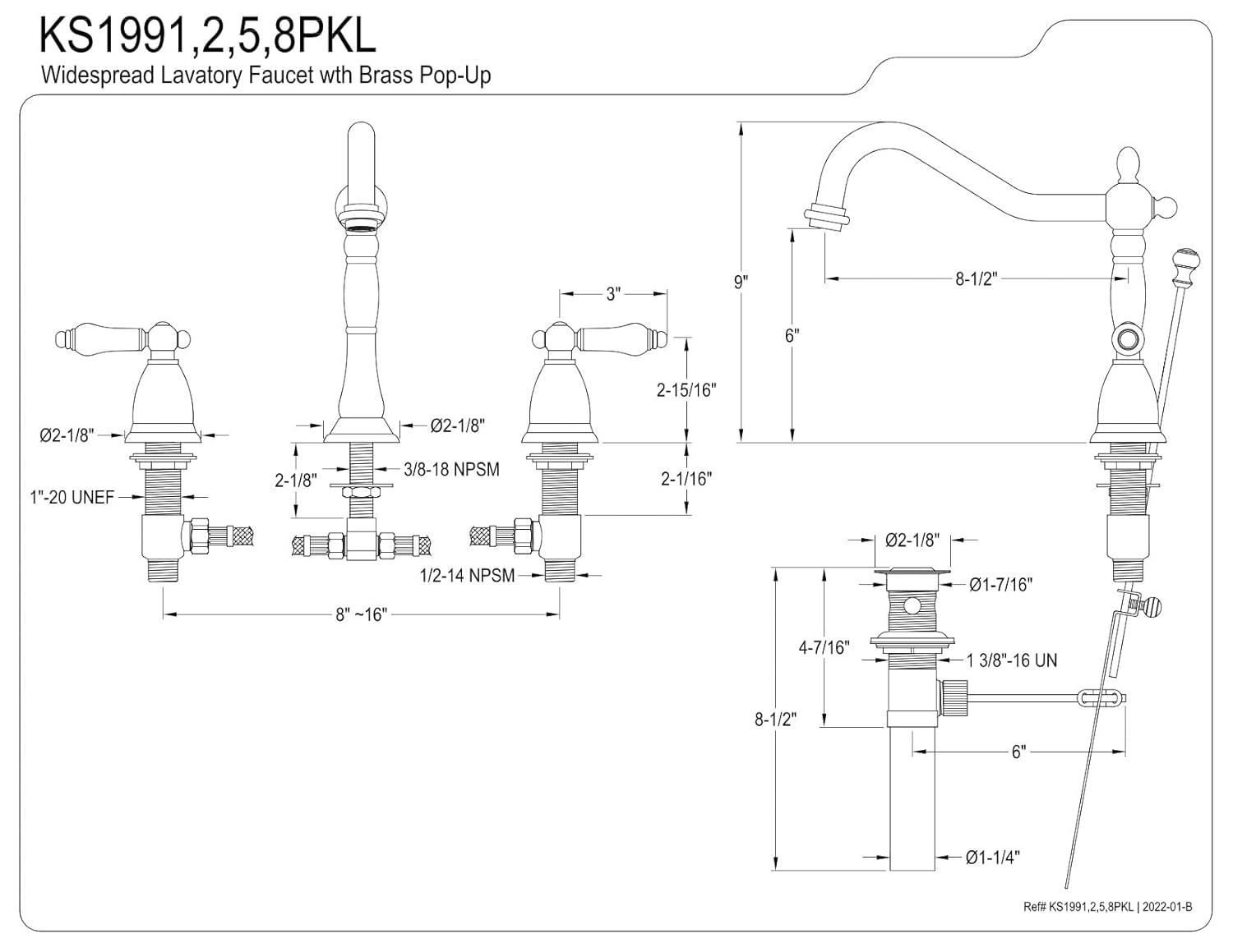 Kingston Brass Kingston Brass Duchess Two-Handle 3-Hole Deck Mount Widespread Bathroom Faucet with Brass Pop-Up Drain KS1992PKL