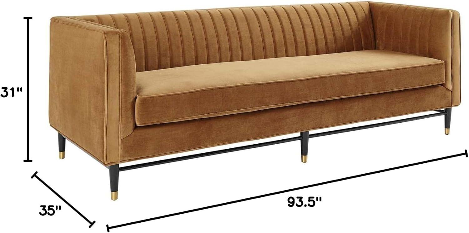 Cognac Velvet Tufted Reception Sofa with Gold Accents