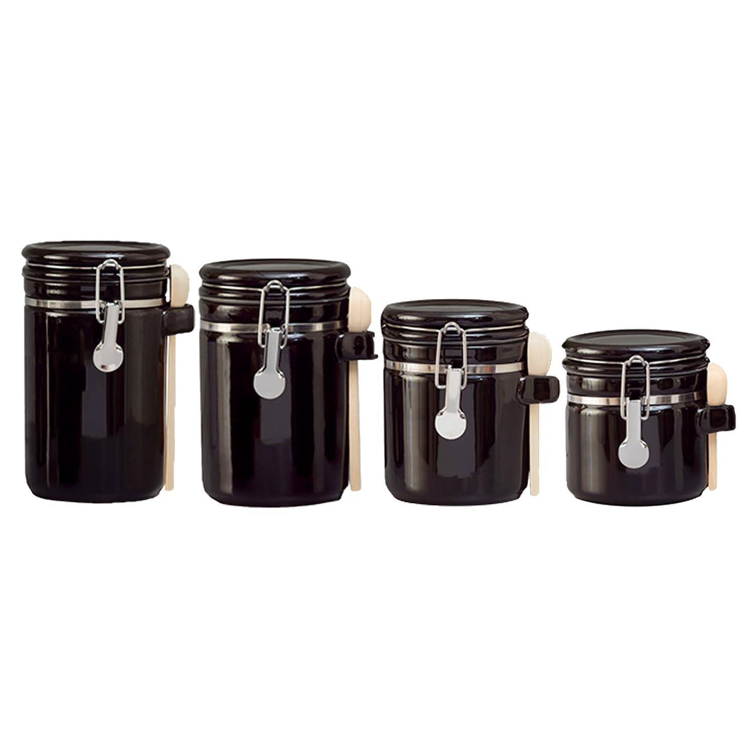 White Ceramic Canister Set with Wooden Spoons and Flip Top Lid