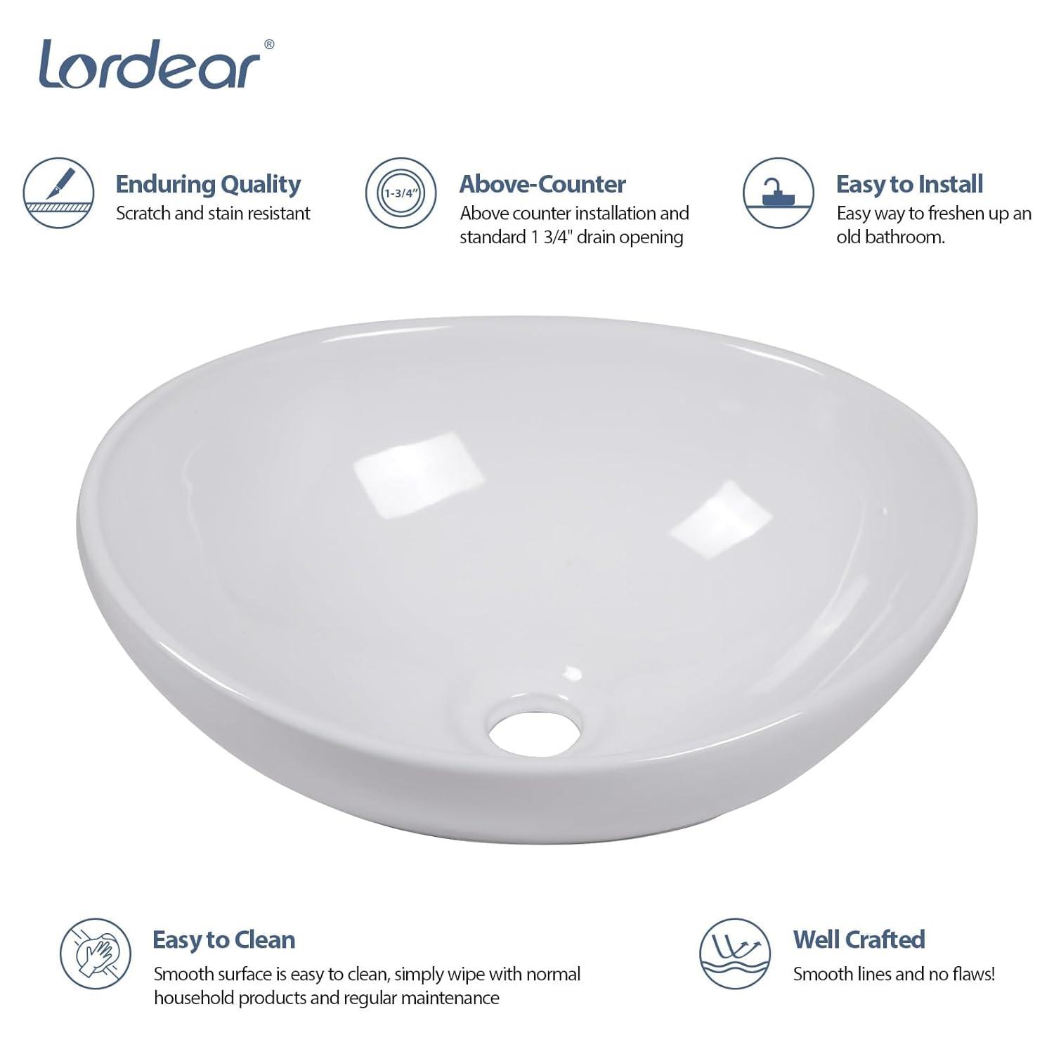 Lordear 16" x 13" Oval Vessel Bathroom Sink White Bathroom Sink Ceramic Above Counter Sink Egg Shape Bowl LMP18003