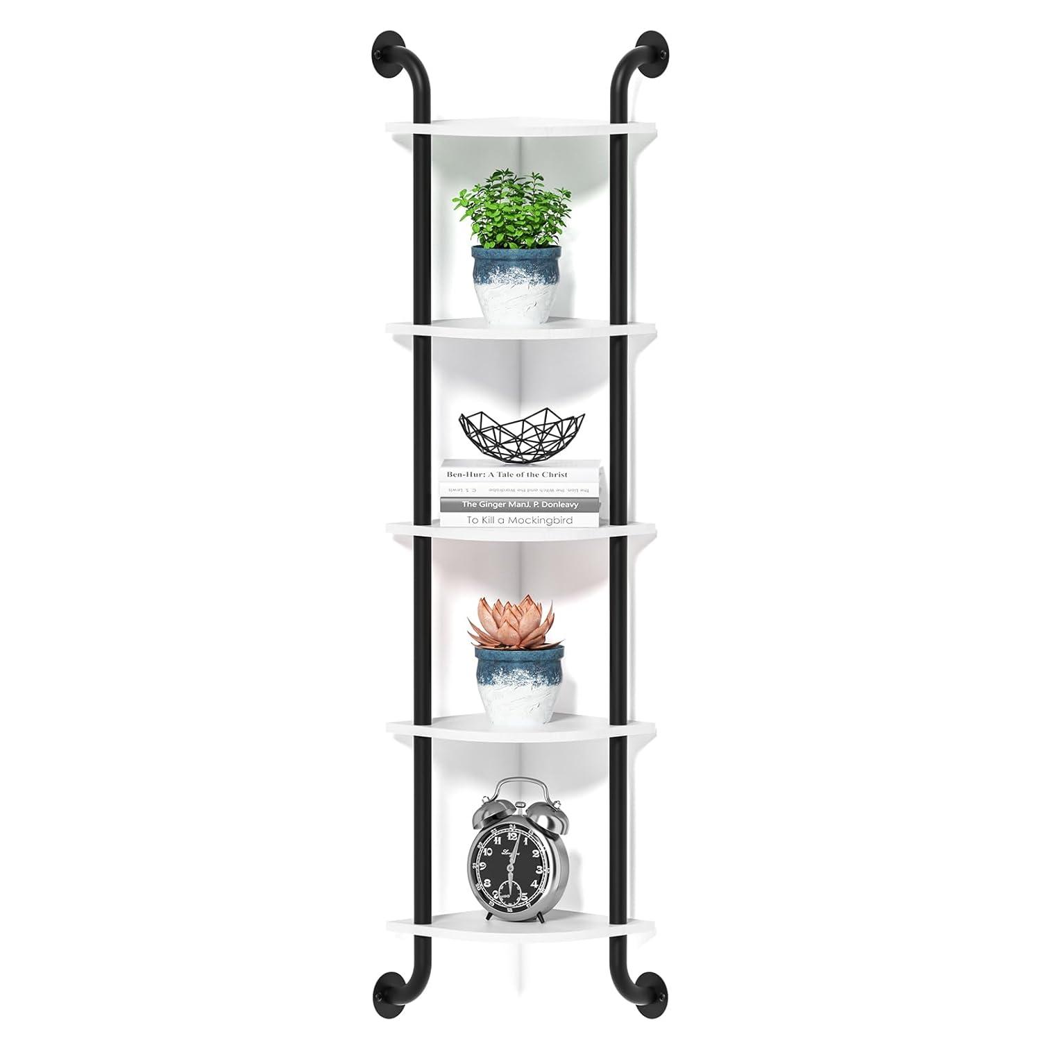 Corner Shelf 5-Tier Wall Shelves, Floating Corner Shelves, Wall Mounted Shelves for Bedroom Decor, Bathroom and Living Room Decor (White)