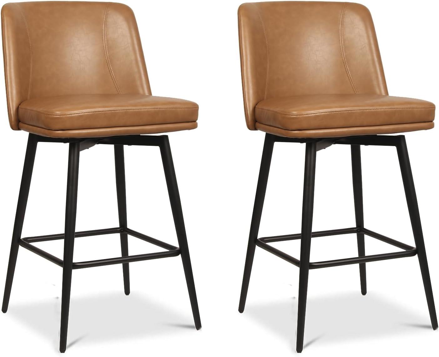 Set of 2 Black Metal Swivel Bar Stools with Faux Leather Upholstery