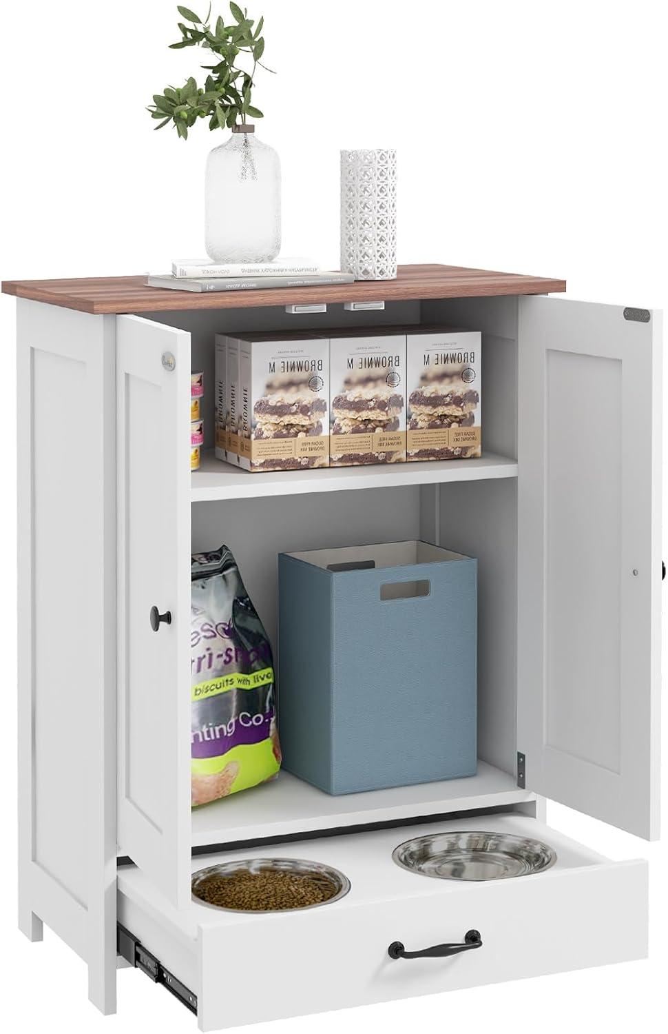 Awevsco Dog Feeding Station, Dog Food Storage Cabinet With Hidden Dog Bowls, Adjustable Panel, Hooks, For Medium Sized Dogs, White