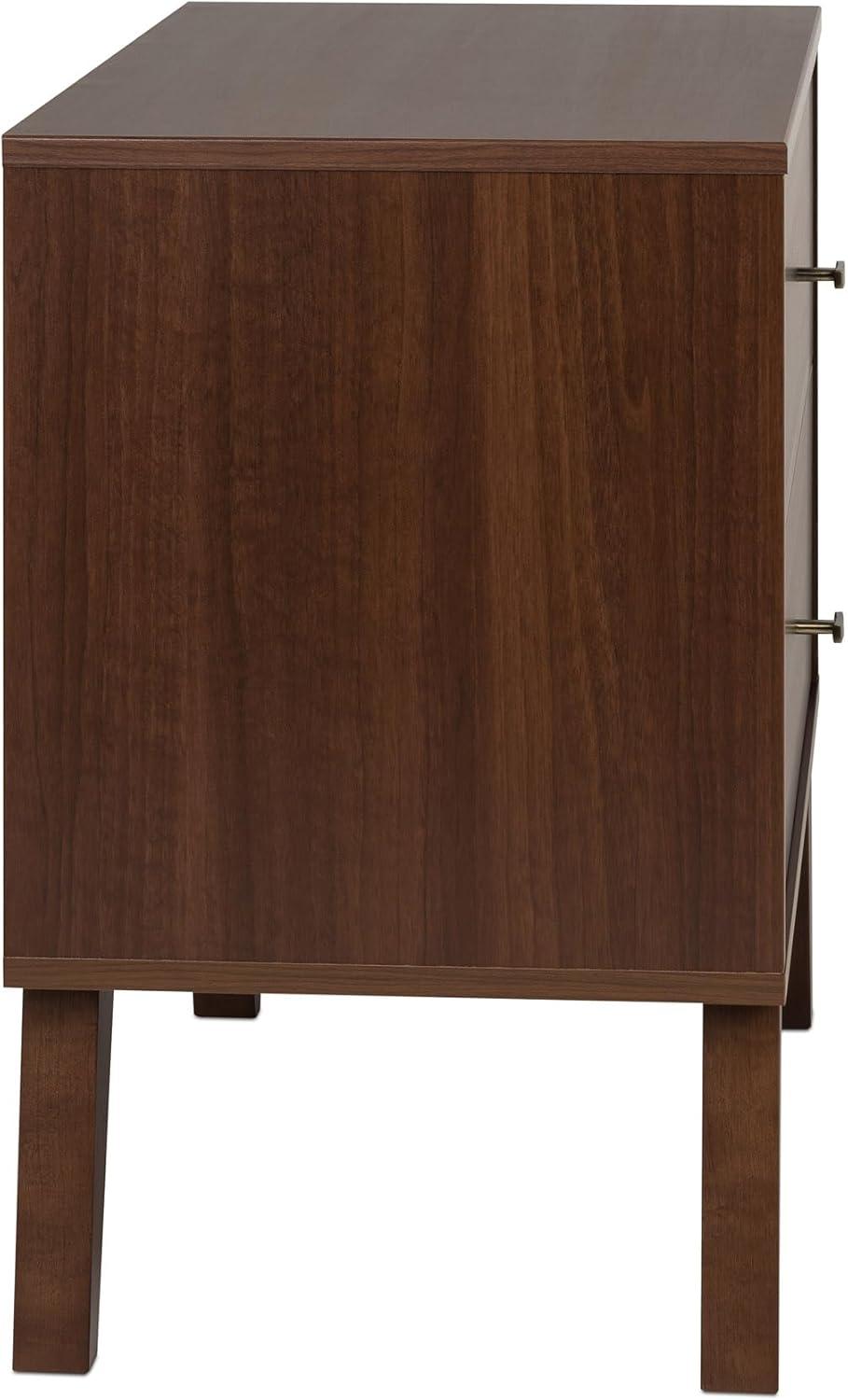 Milo Mid Century Modern 2 Drawer Nightstand Cherry - Prepac: Brushed Brass Knobs, Tapered Legs