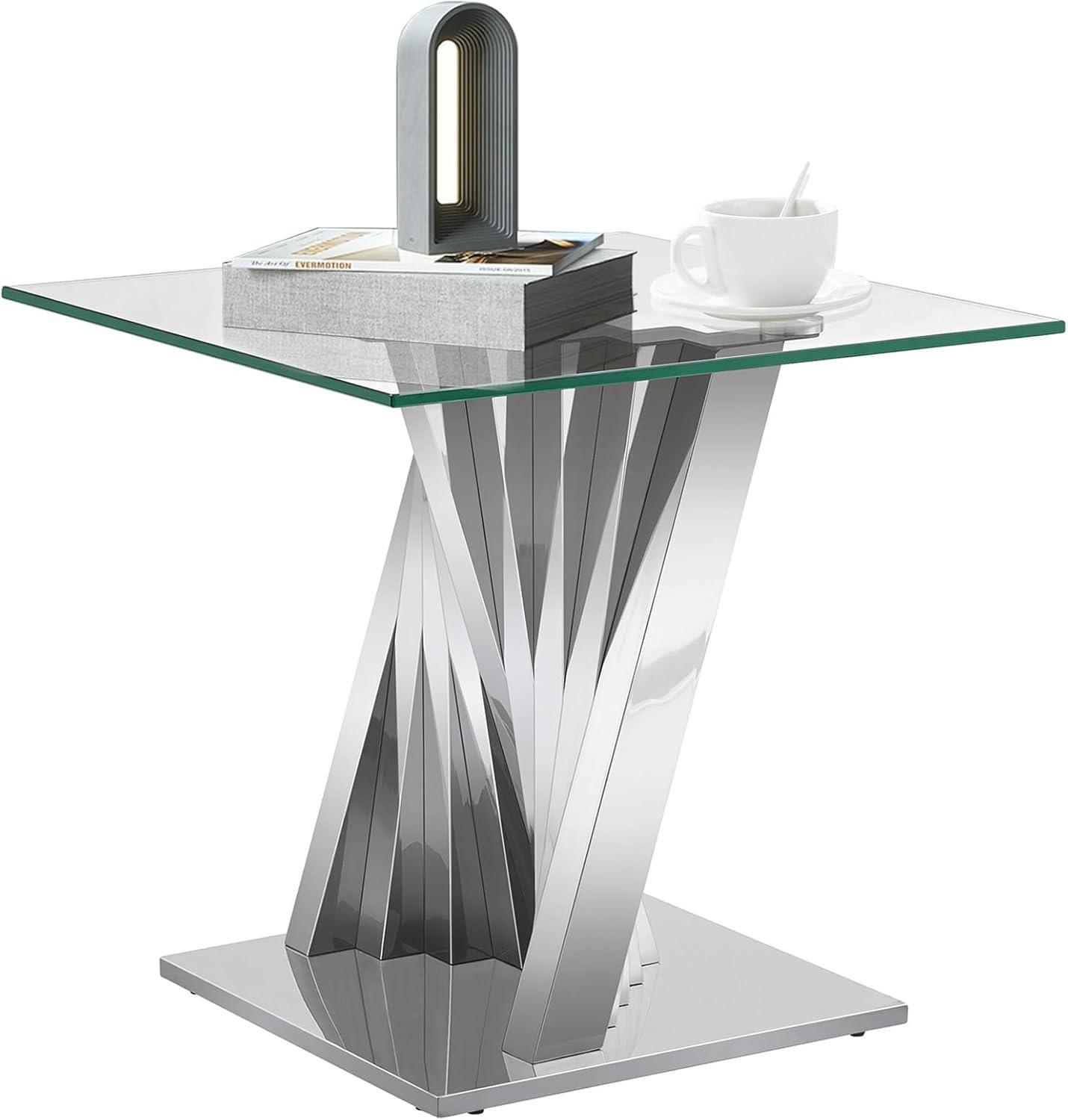 Ssline Silver Mirror Finish Stainless Steel Base End Table with Tempered Glass Top,Size 22.84*22.84*21.65