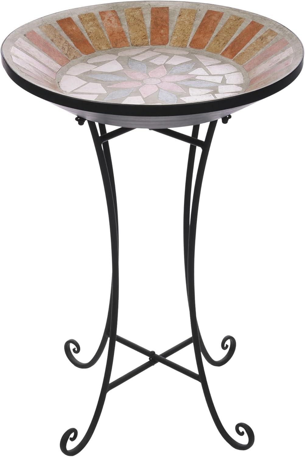 25" Tan and Beige Mosaic Glass Birdbath with Metal Stand