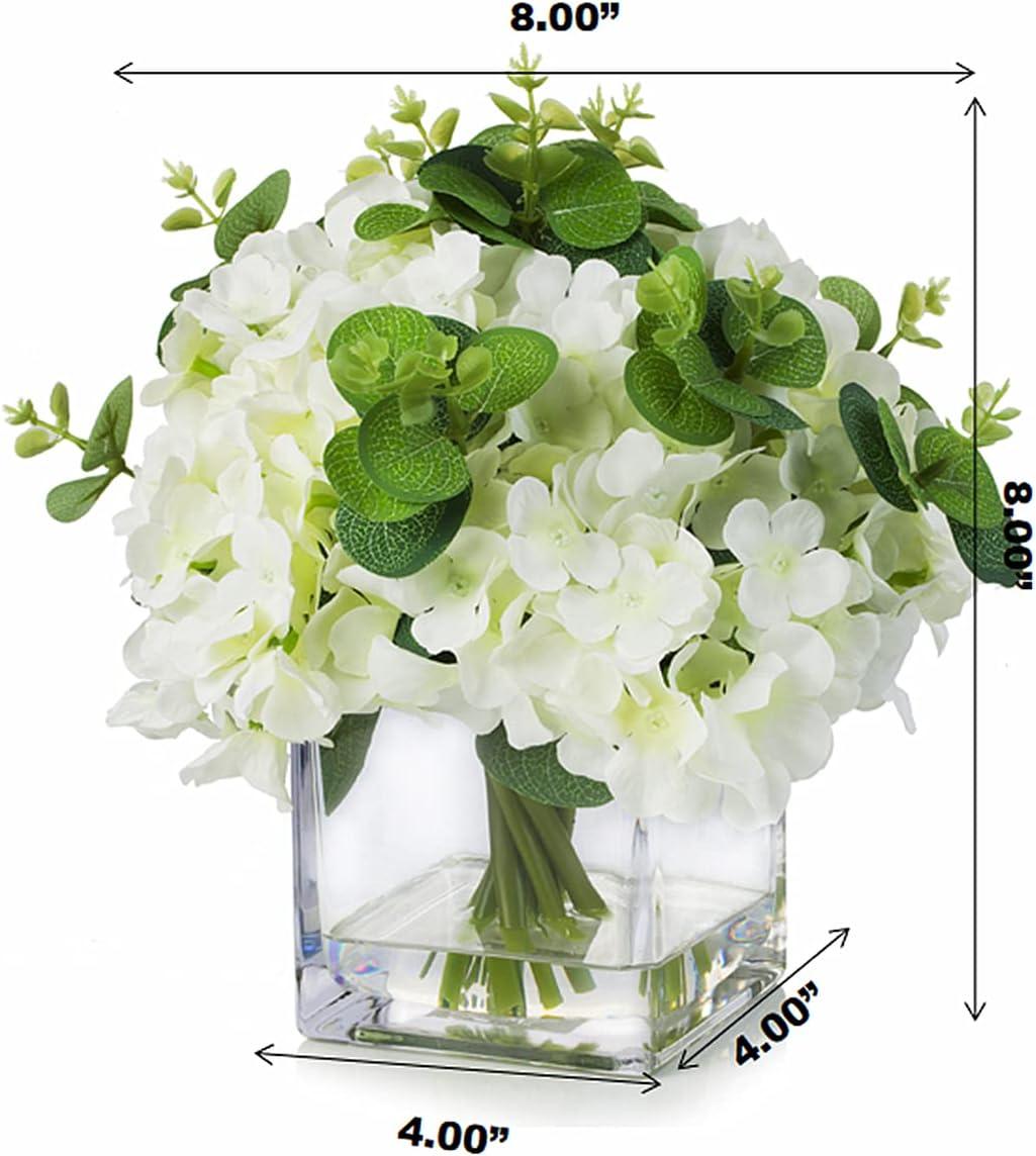 ENOVA FLORAL Faux Hydrangea Flowers with Vase, Mixed Fake Hydrangea Flowers and Greenery in Vase with Faux Water for Dining Table Decoration, Wedding Centerpieces