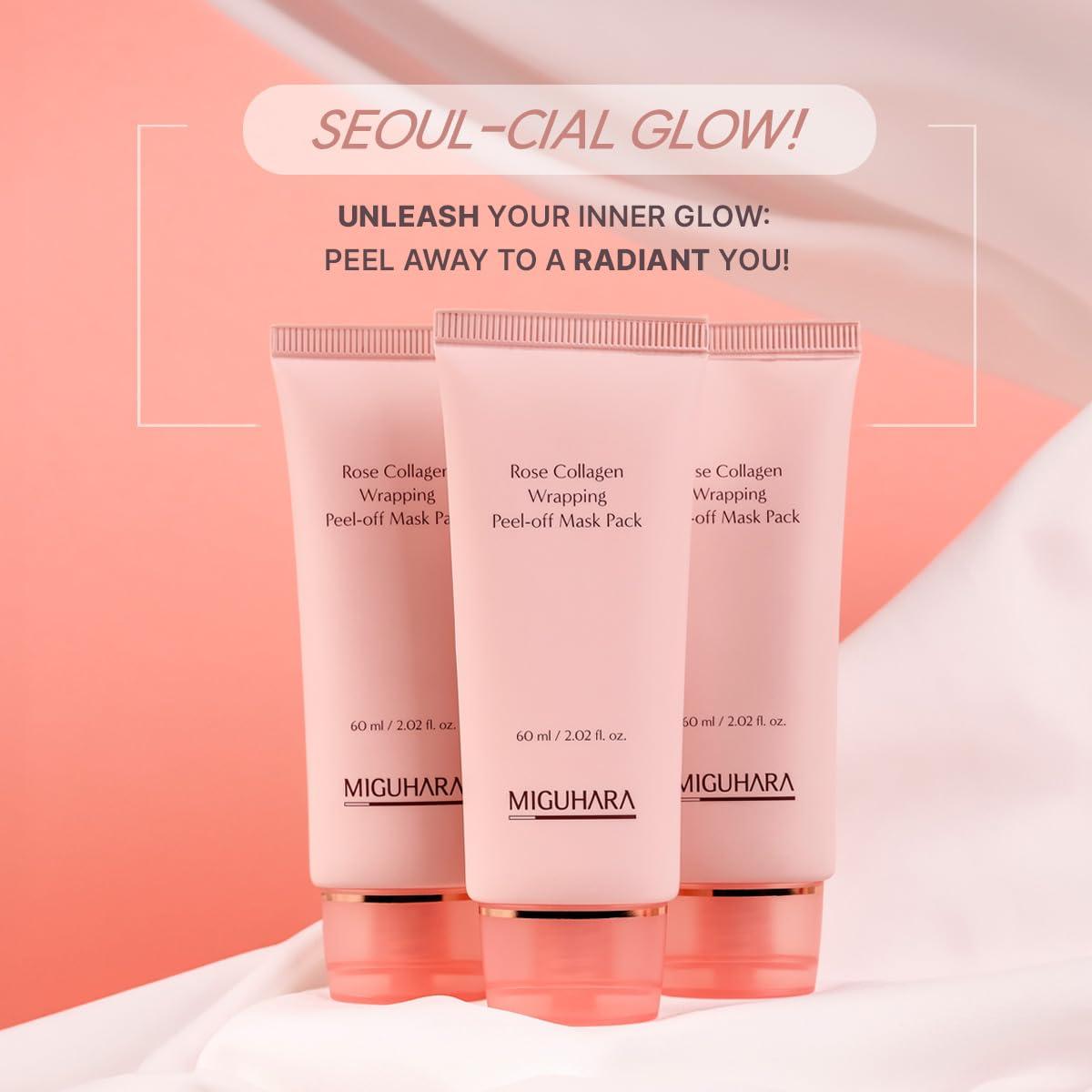 Rose Collagen Wrapping Peel-Off Mask Pack, Facial Mask with Damask Rose Water, Hydrolyzed Collagen & Botanical Fruit Extracts for Hydrated, Glowing Look & Korean Glass Skin (60ml/2.02 fl.oz.) (Pink)