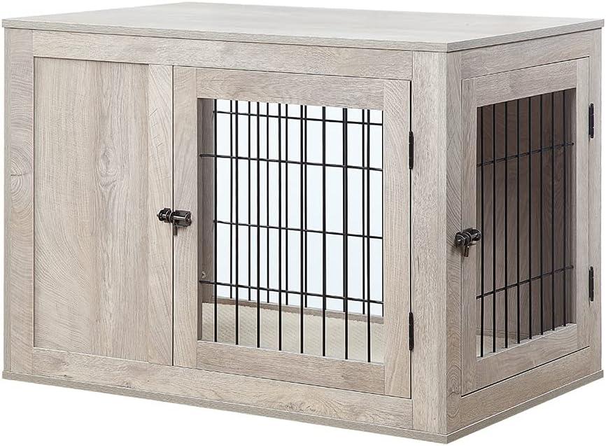 Unipaws Dog Crate End Table with Cushion, Wooden Wire Pet Kennels with Double Doors, Modern Design Dog House, Chew-Proof, Walnut