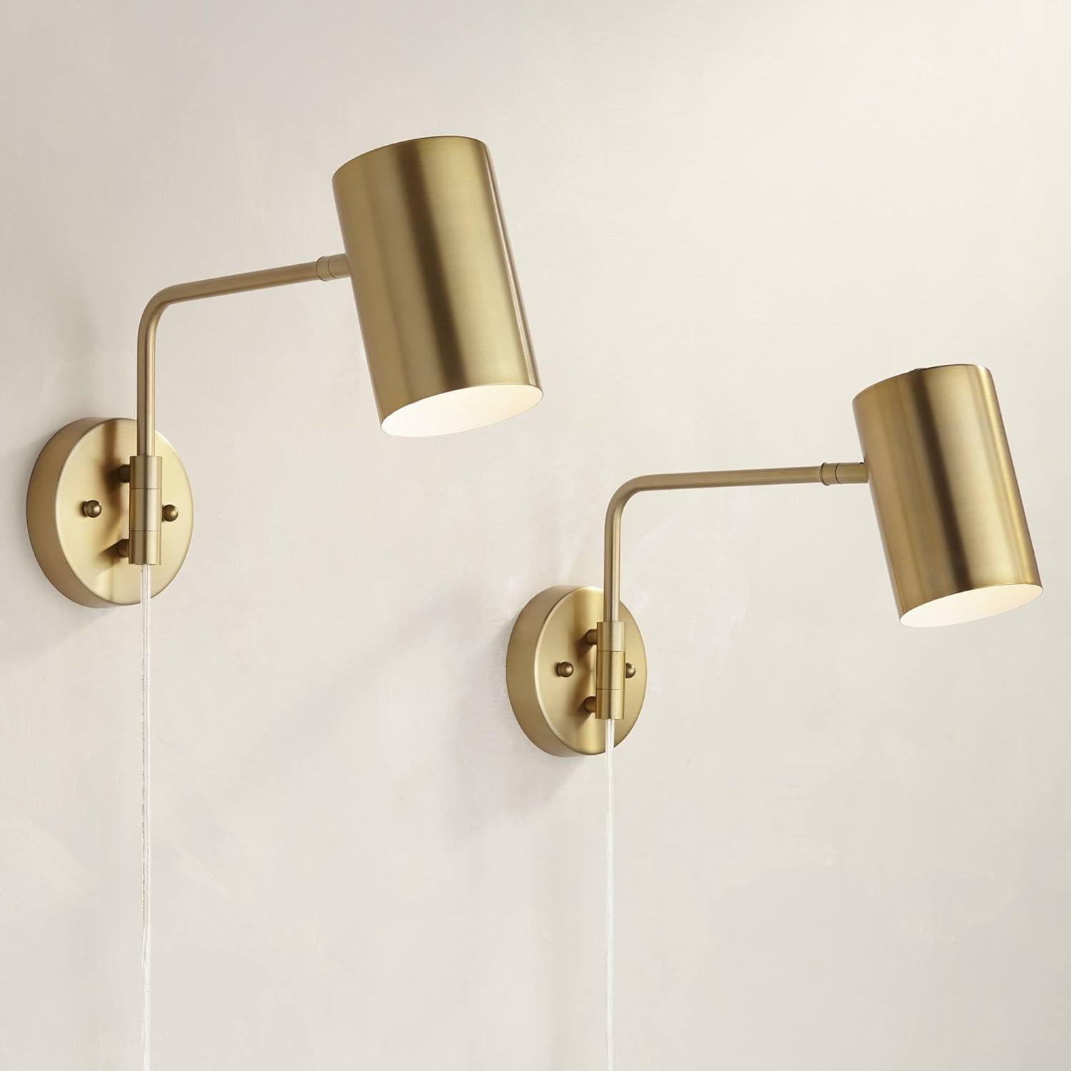 360 Lighting Carla Modern Swing Arm Wall Lamps Set of 2 Brushed Brass Plug-in Light Fixture Up Down Cylinder Shade for Bedroom Bedside Living Room