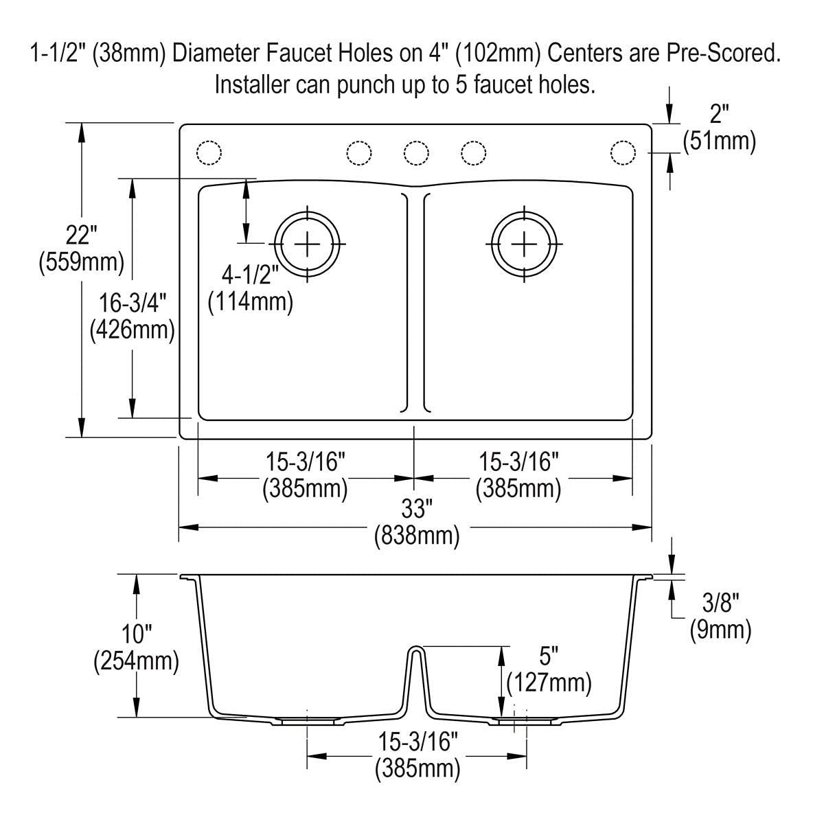 Quartz Classic 33" x 22" x 10" Double Basin Drop-In Kitchen Sink