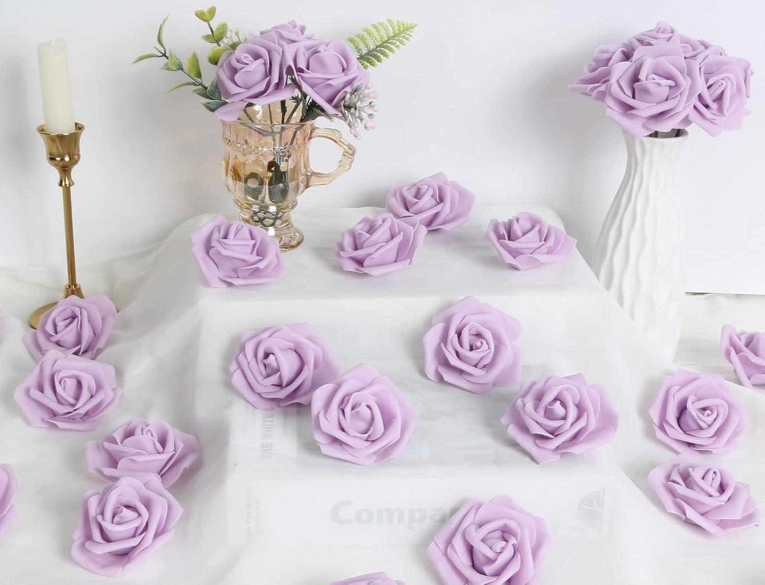 Juvale 100 Pack Purple Artificial Flowers, Bulk Stemless Fake Foam Roses for Wedding, Decorations, Bouquets, 3 in