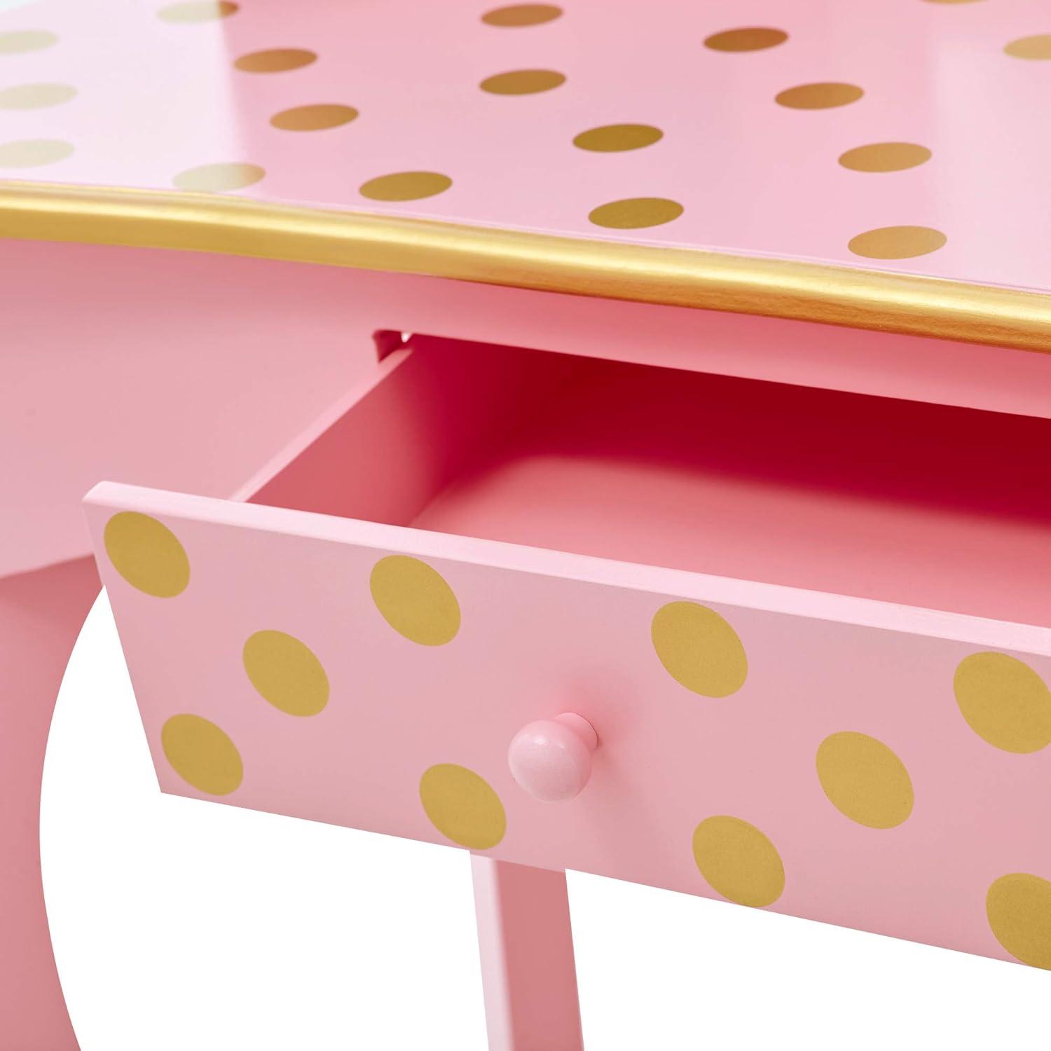 Pink and Gold Polka Dot Kids Vanity Set with Bench