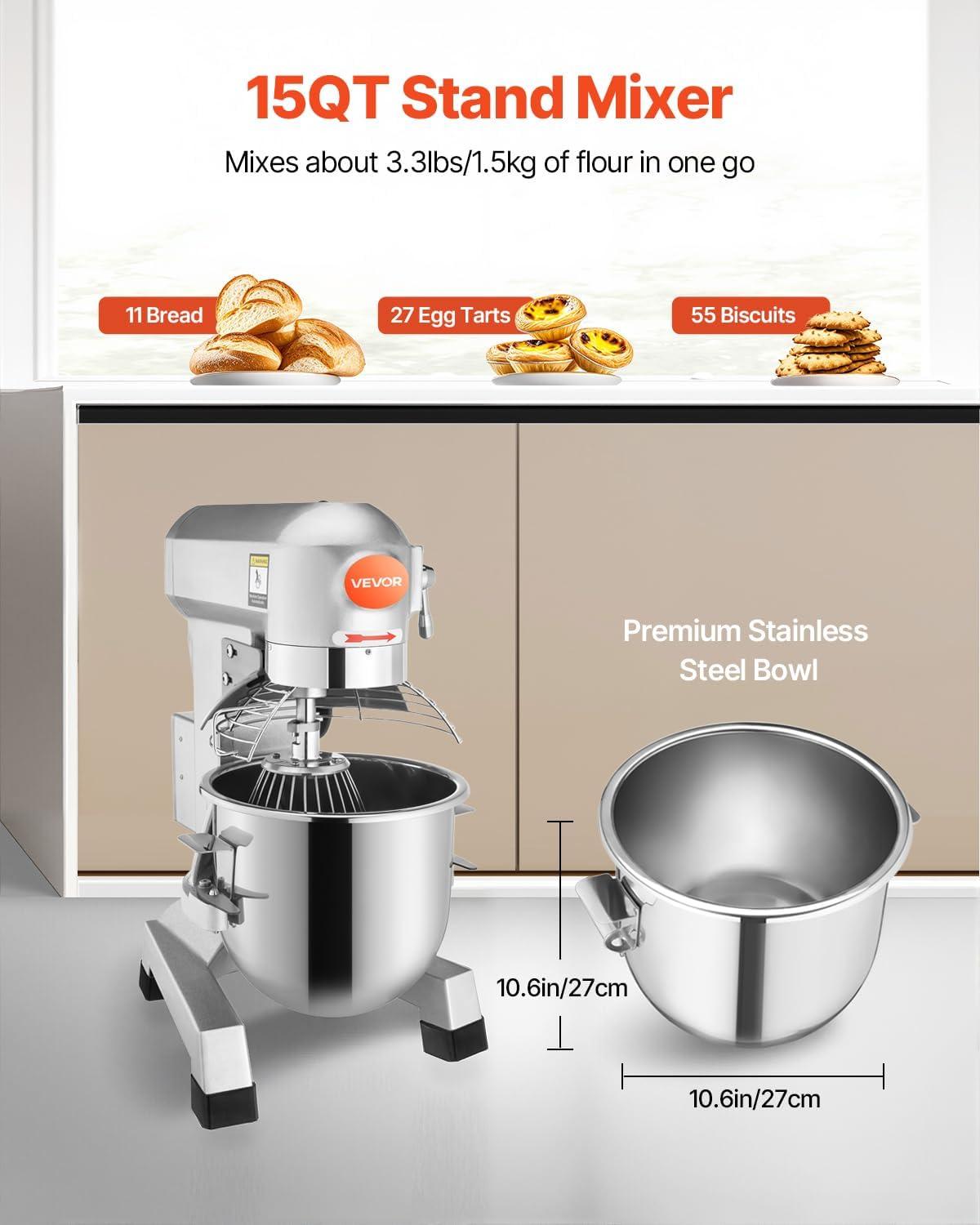 Happybuy 15Qt Commercial Food Mixer with Timing Function， Commercial Mixer 500W Stainless Steel Bowl Heavy Duty Electric Food Mixer Commercial with 3 Speeds Adjustable, Perfect for Bakery Pizzeria
