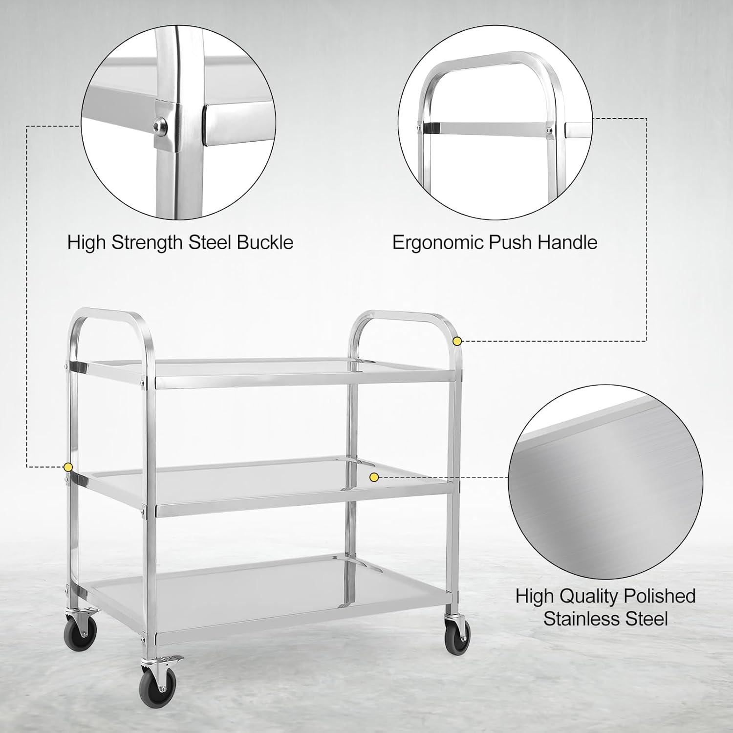 Danolapsi Kitchen Utility Cart,3 Tiers Stainless Steel Rolling Cart, Heavy Duty Trolley Service Cart with Handle and Locking Wheels,for Kitchen, Restaurant,Hospital,Laboratory and Home