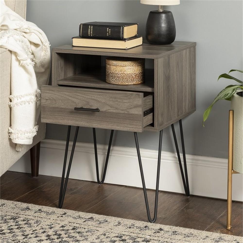 18" Modern Single Drawer Hairpin Leg Bedroom Nightstand in Slate Gray