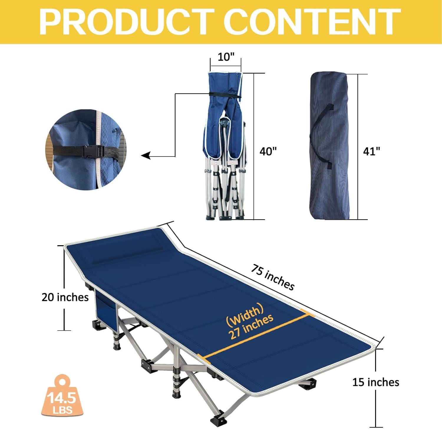 Cot, Camping Cot with Comfortable Thick Pad Cots for Sleeping Heavy Duty Camping Bed Folding Cot Double Layer Oxford with Carry Bag for Home Nap Outdoor Travel
