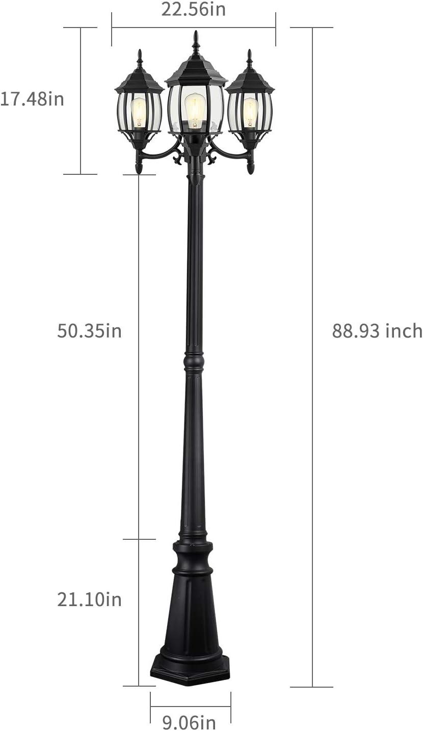 Classic Black 3-Head Outdoor Lamp Post with Clear Glass Panels