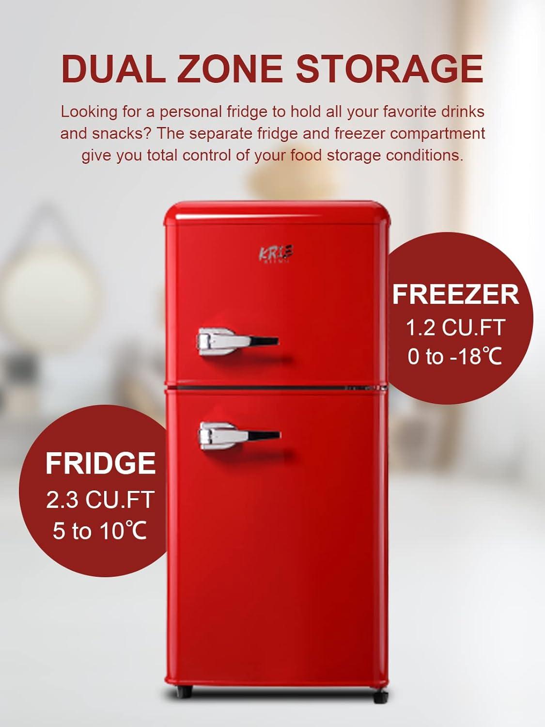 Krib Bling 3.5Cu.ft Compact Refrigerator with 7 Level Thermostat, Mini Fridge with Freezer, 2 Door Portable Fridge with Removable Glass Shelves, Suitable for Kitchen, Apartment, Dorm, Bar Red