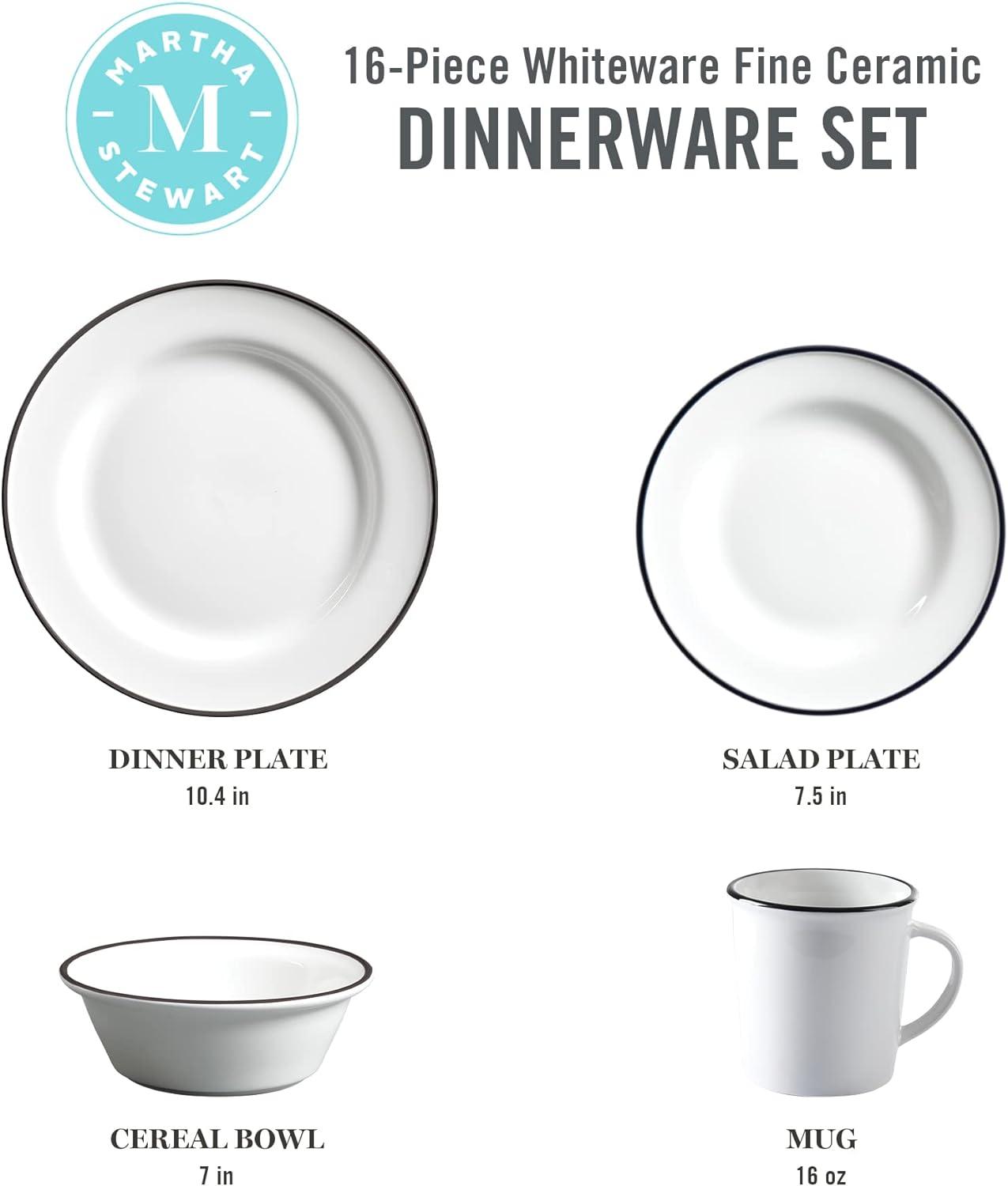 16-Piece White Porcelain Dinnerware Set with Black Trim