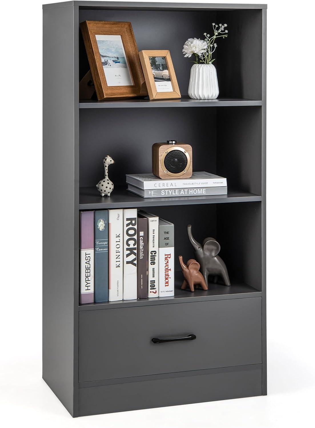 Finihen 4 Tiers Wood Storage Bookcase with Open Shelves Drawer and Drawer, Gray