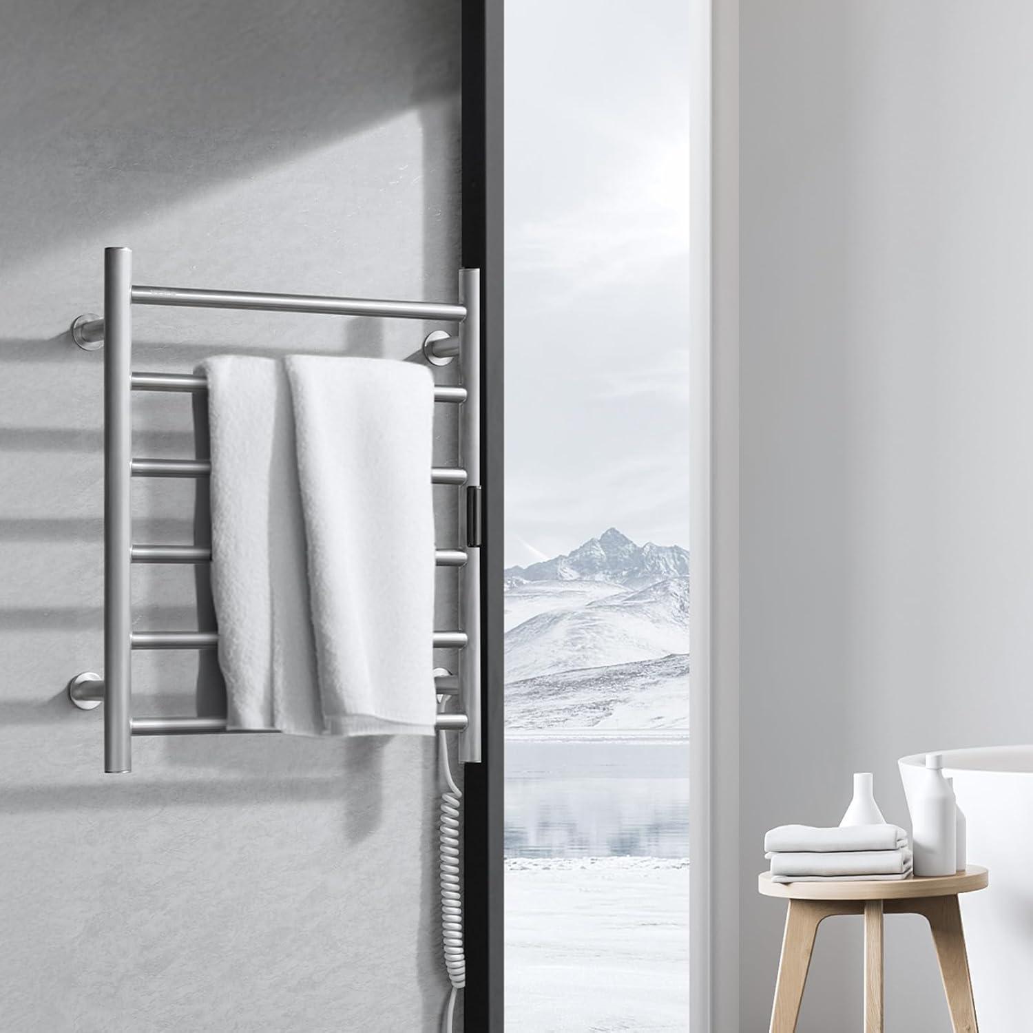 VEVOR 6 Bars Towel Warmer Rack, Wall Mounted Heated Towel Rack for Bathroom, IPX5 Waterpoof Towel Heater Rack with Timer & Display Screen, Silver