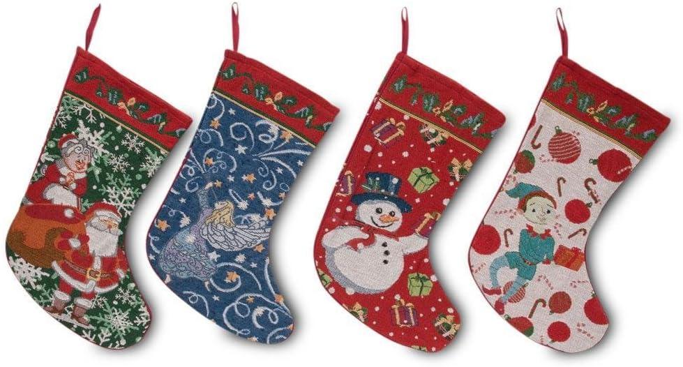 Set of 4 Mr. and Mrs. Claus, Angel, Elf and Snowman Christmas Stockings