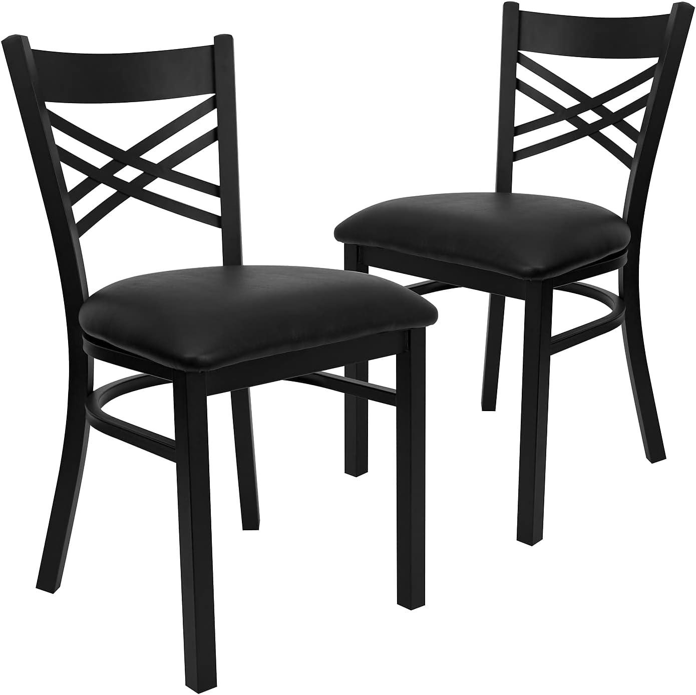 Black Metal Cross Back Dining Chairs with Vinyl Seats, Set of 2