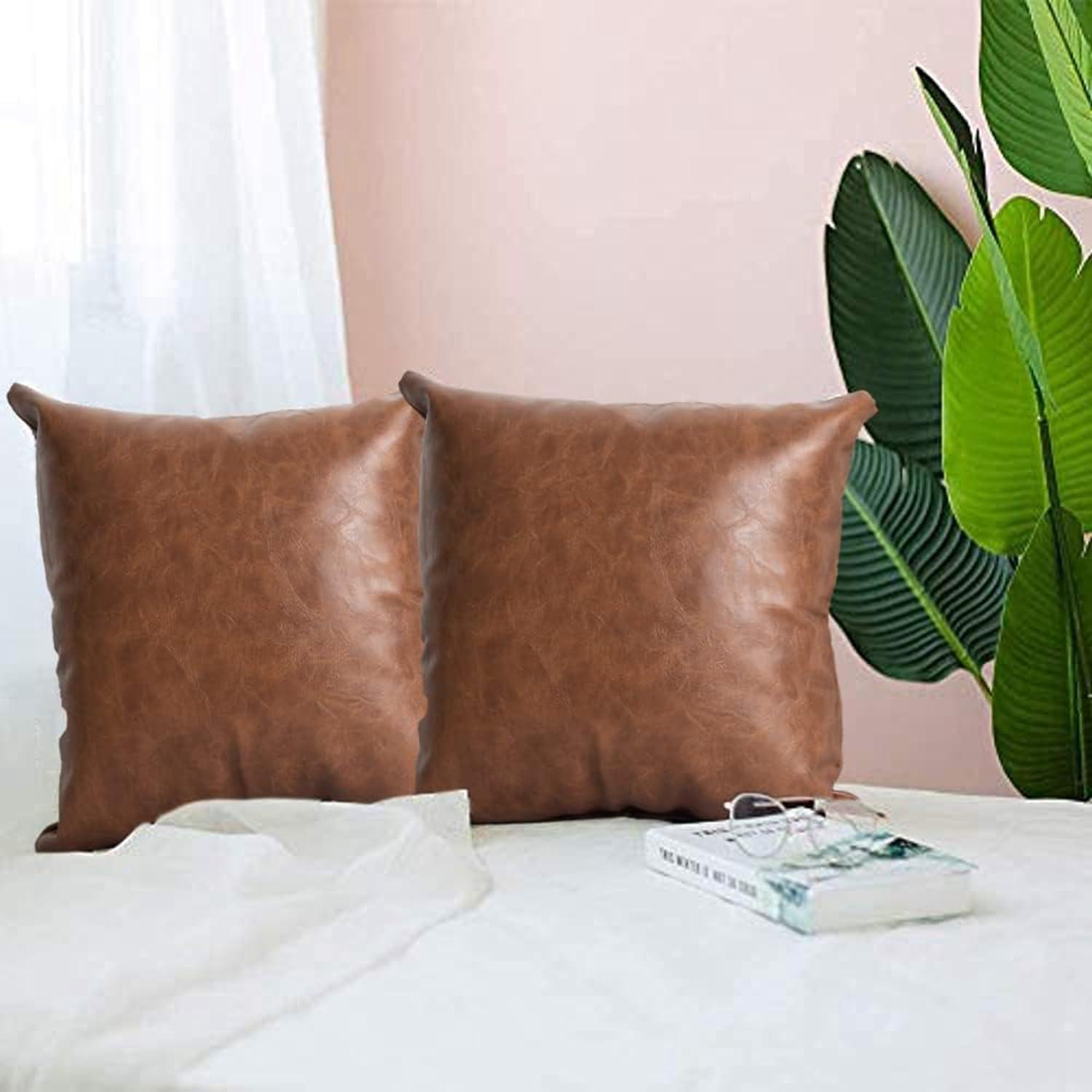 Faux Leather Throw Pillow Covers 18X18 Inch Set of 2 Brown Outdoor Modern Farmhouse Solid Decorative Pillow Covers for Room Couch Living Bedroom Bed Sofa