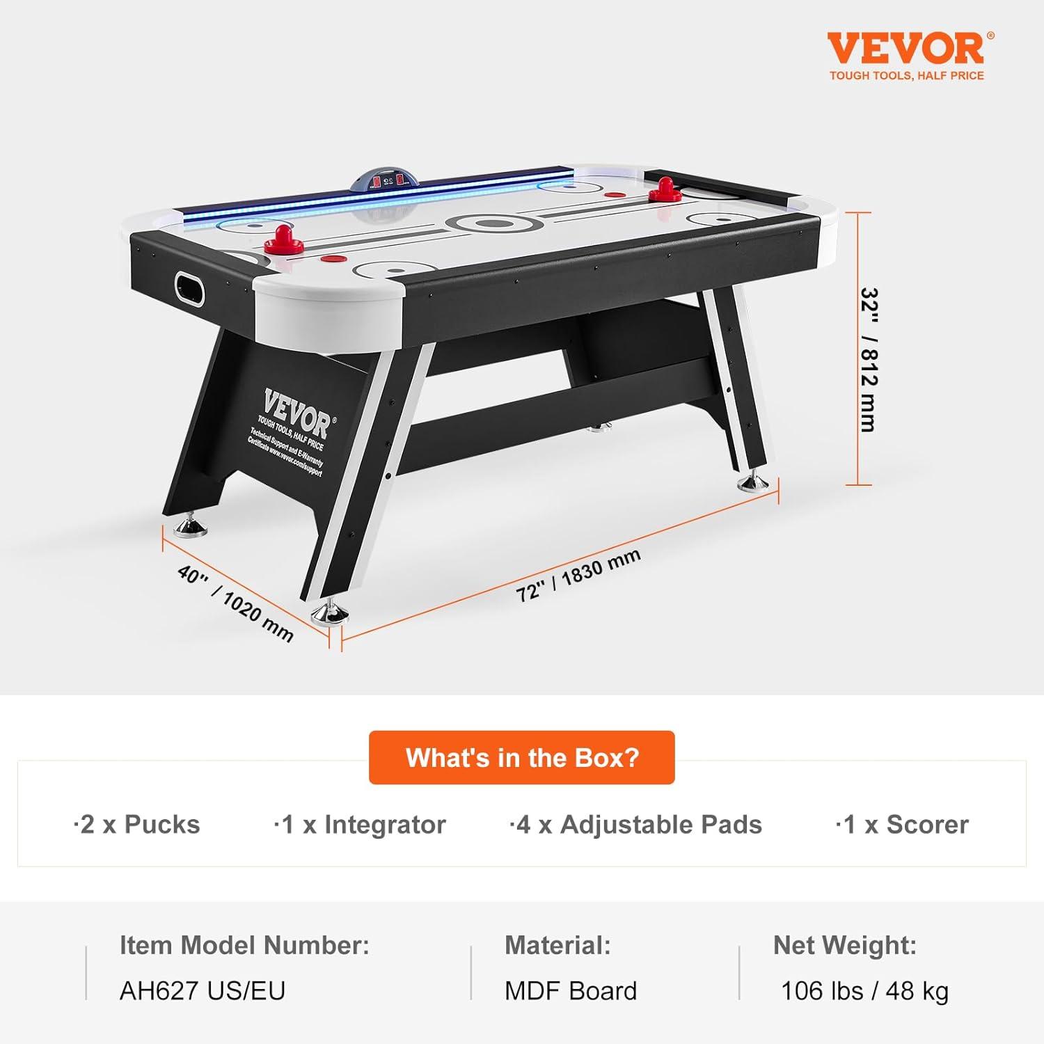 VEVOR 72" Air-Powered Hockey Table, Indoor LED Hockey Game Set with 2 Pucks, 2 Pushers, and Electronic Score System - Ideal for Kids, Adults, and Family Game Rooms