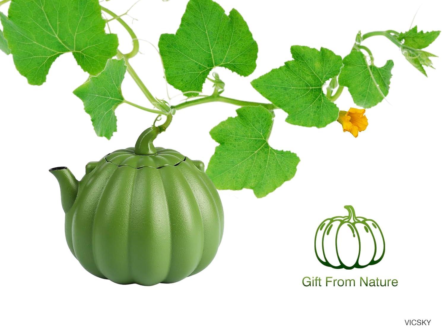 Ophelia & Co. Orange Pumpkin Cast Iron Teapot, Natural Pumpkin Color, Japanese Cast Iron Tea Kettle Stovetop Safe With Infuser, Creative Pumpkin Halloween Teapot(40Oz/1200Ml, Orange)