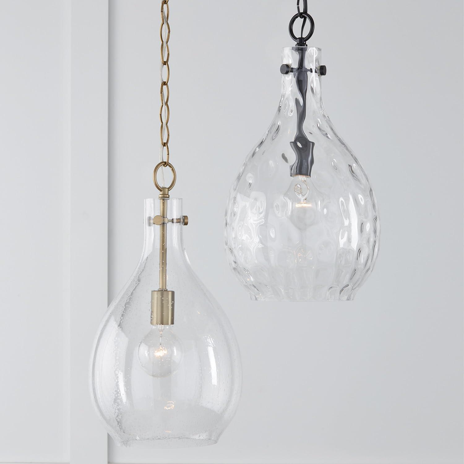 Aged Brass Teardrop Pendant Light with Seeded Glass Shade