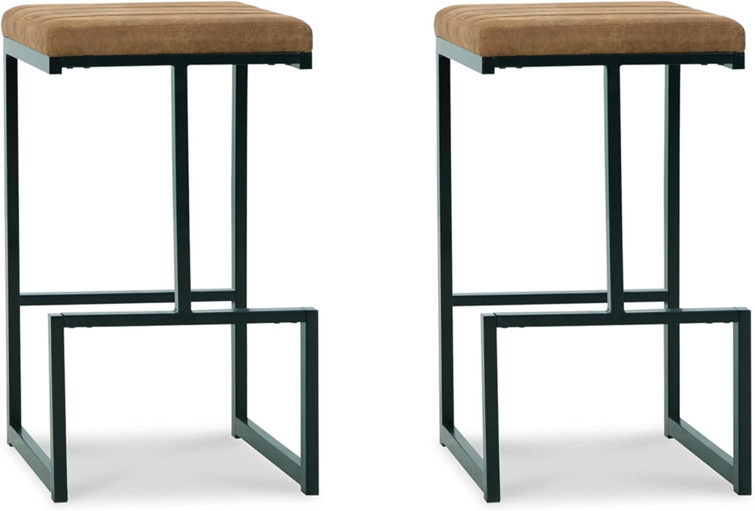 Caramel Faux Leather and Black Metal Bar Stools, Set of 2