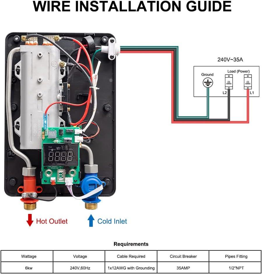 CAMPLUX 1.8 GPM Tankless Electric Water Heater 6kW 240V, TE06BPro Black