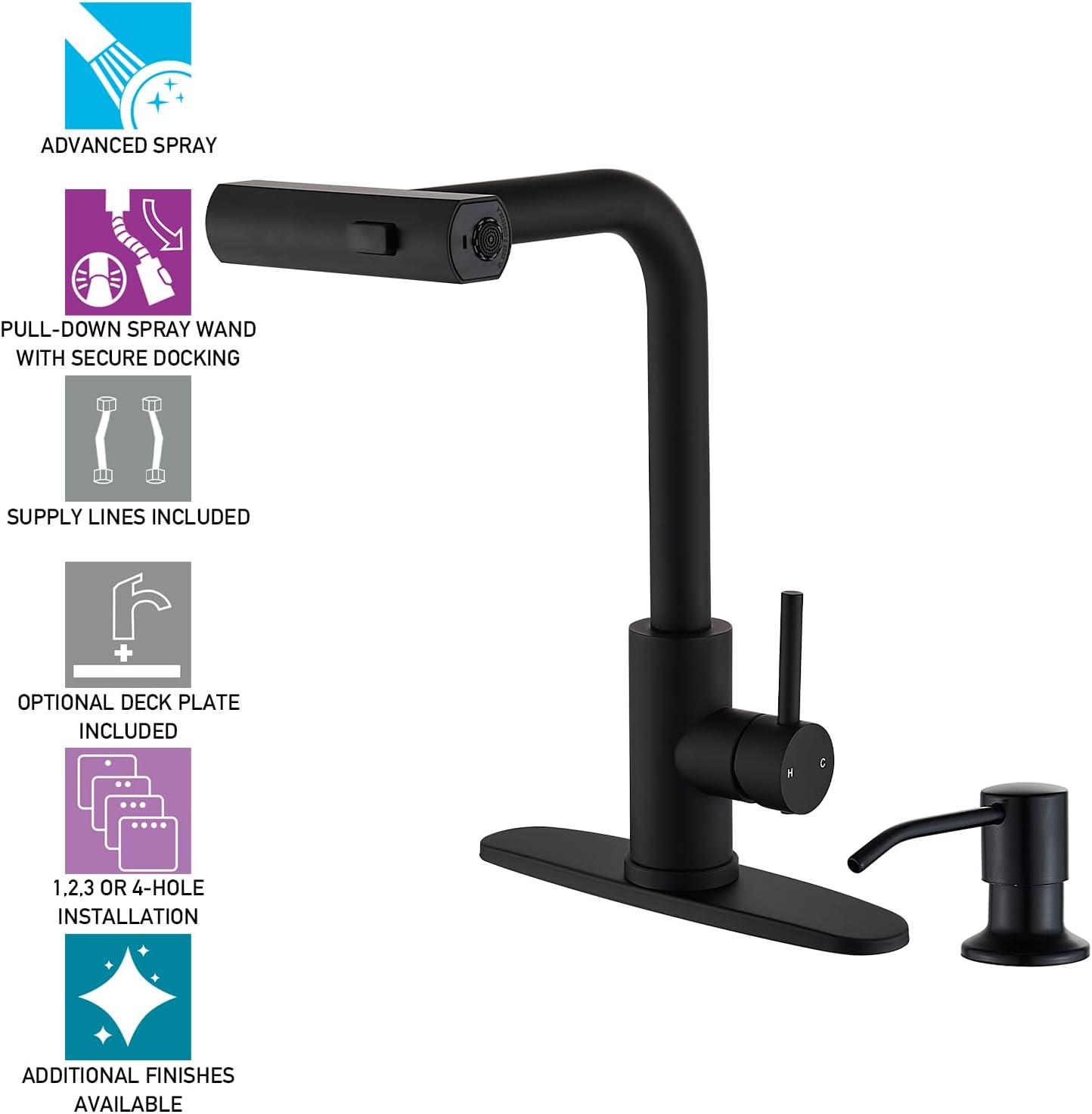 Matte Black Stainless Steel Pull Down Kitchen Faucet with Soap Dispenser