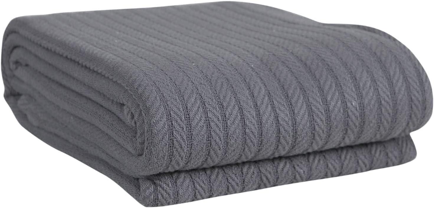 Eurotex Premium Cotton Blankets for Twin Size Bed | All-Season 100% Cotton Twin Blanket for Bed | Fishbone Lightweight, Soft & Cozy Fall Thermal Blanket, 350GSM, 66x90 inches |Grey