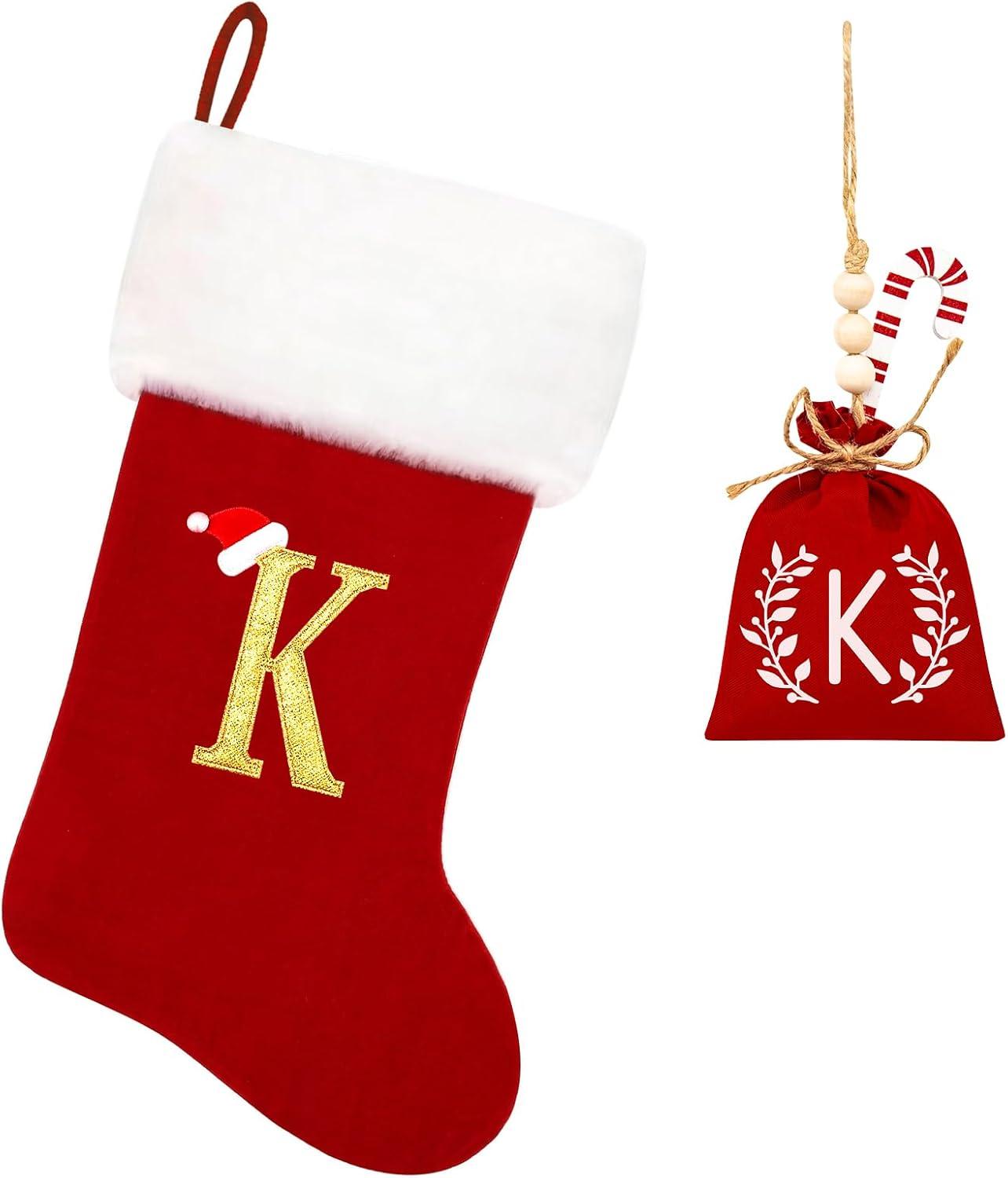 20inch Monogram Christmas Stockings Letter Red Velvet with White Super Soft Plush Cuff Embroidered Xmas Stockings Classic Personalized Stocking Decorations for Family Holiday Season Decor