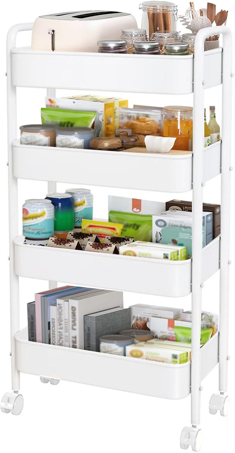 iMounTEK 4-Tier Rolling Utility Cart with Drawer, Multifunctional Storage Organizer with Lockable Wheels, Storage Cart for Kitchen,Bathroom,Living Room,Office, White